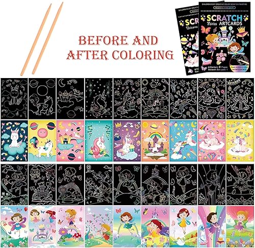 Miniatura 2 de Juego de 2 libros de arte mágico para rascar para niños, unicornios y princesas, juego de 2 piezas de papel mágico arcoíris para manualidades de