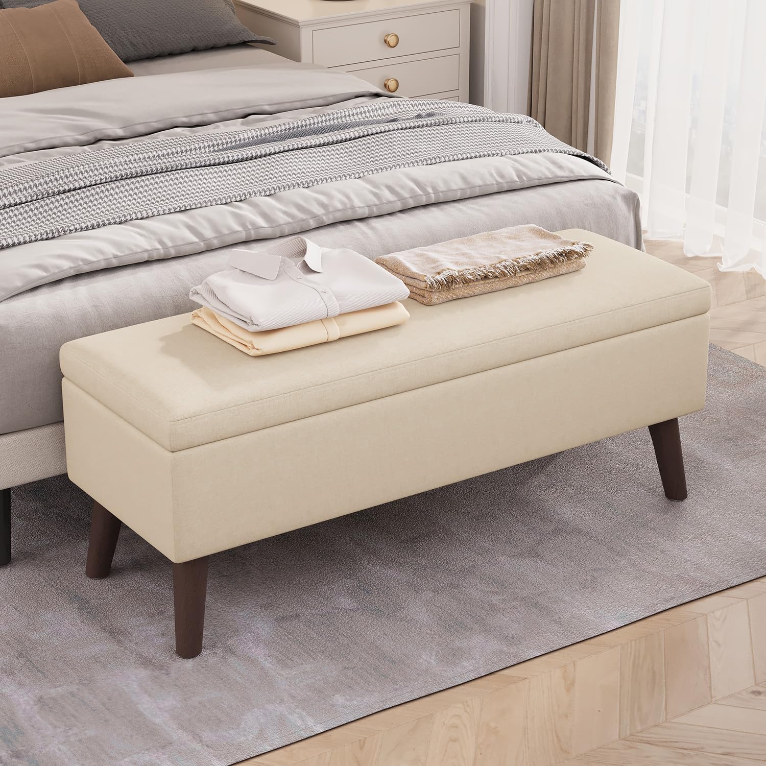 Banco Almacenamiento Baúl Puff Tapizado 110 cm Beige | Tapizado Aspecto Lino, Estructura Robusta y Estable, Ideal para Dormitorio, Pasillo y Salón