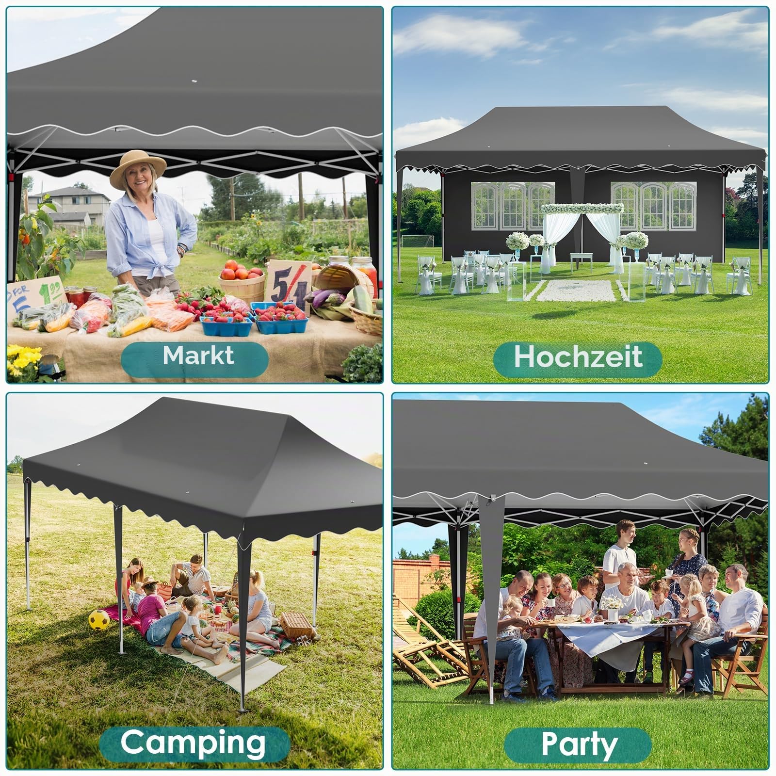 Pavillon 3x6 mit 6 Seitenwänden, Faltpavillon 3x6 Wasserdicht Stabil Winterfest, Faltbar Partyzelt 3 x 6, Anti-UV 50+ Gartenpavillon, 6 PCS Sandsack 12 Erdhaken, für Markt, Hochzeiten, Patio, Grau