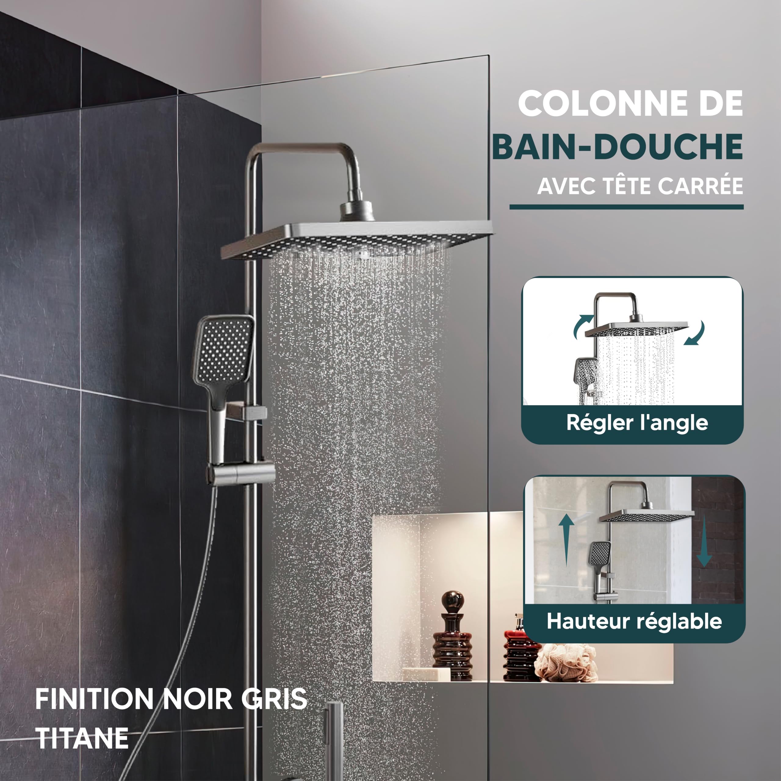 INEX EUROPA Colonne de Douche Noire Gris Titane avec Tête Carrée - Colonne de Douche 4 Modes et Hauteur Réglable - Tête de Douche, Jet, Robinet et Pommeau de Douche - Garantie 10 Ans