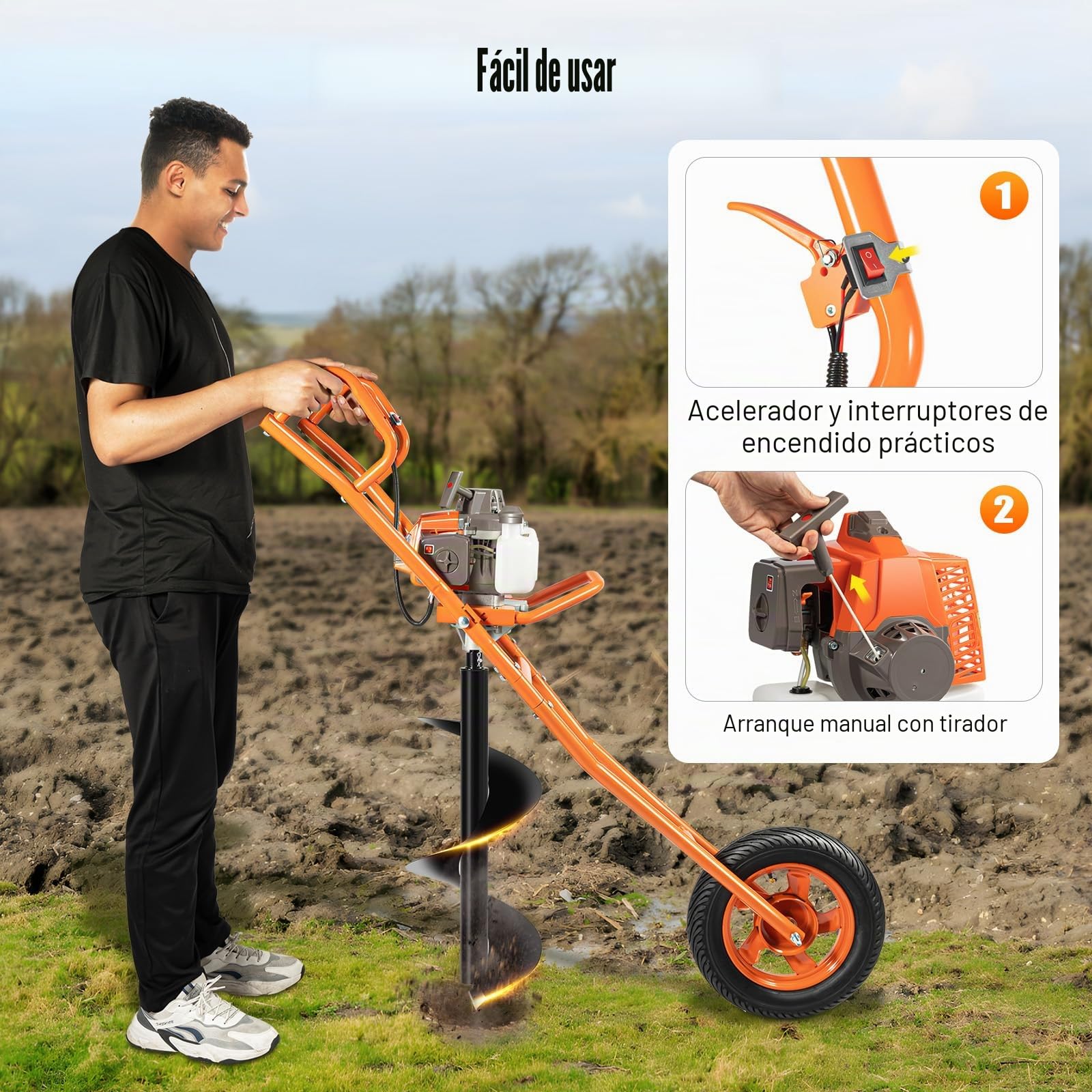 Broca de tierra de gasolina de 2 tiempos, 63 CC, 2,2 kW, con ruedas, taladro de gasolina, taladro de tierra de 300 mm de diámetro, para carretilla, color naranja