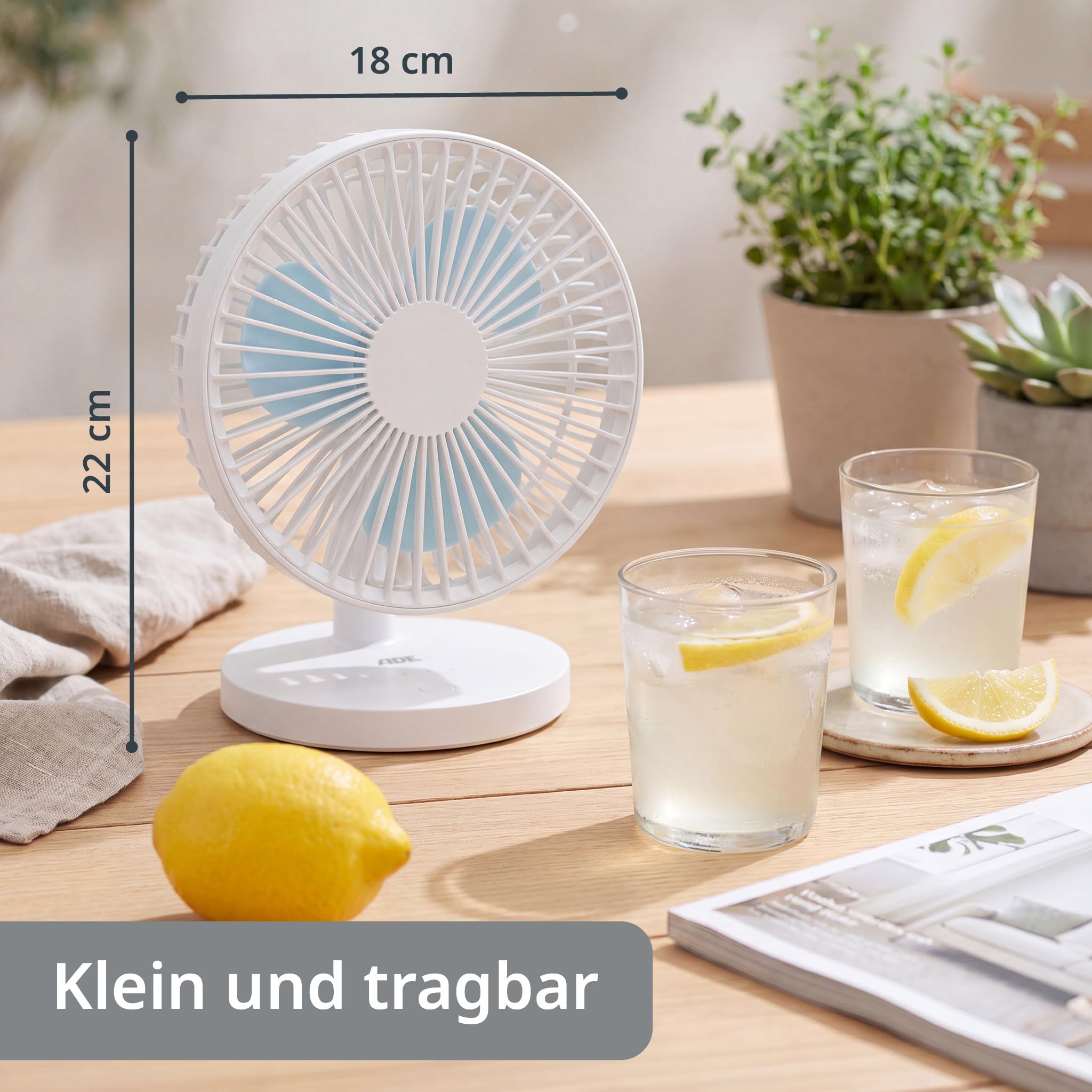 ADE Tischventilator USB 3 Stufen Akku 7,5 h 2000 mAh 90° Neigung weiß