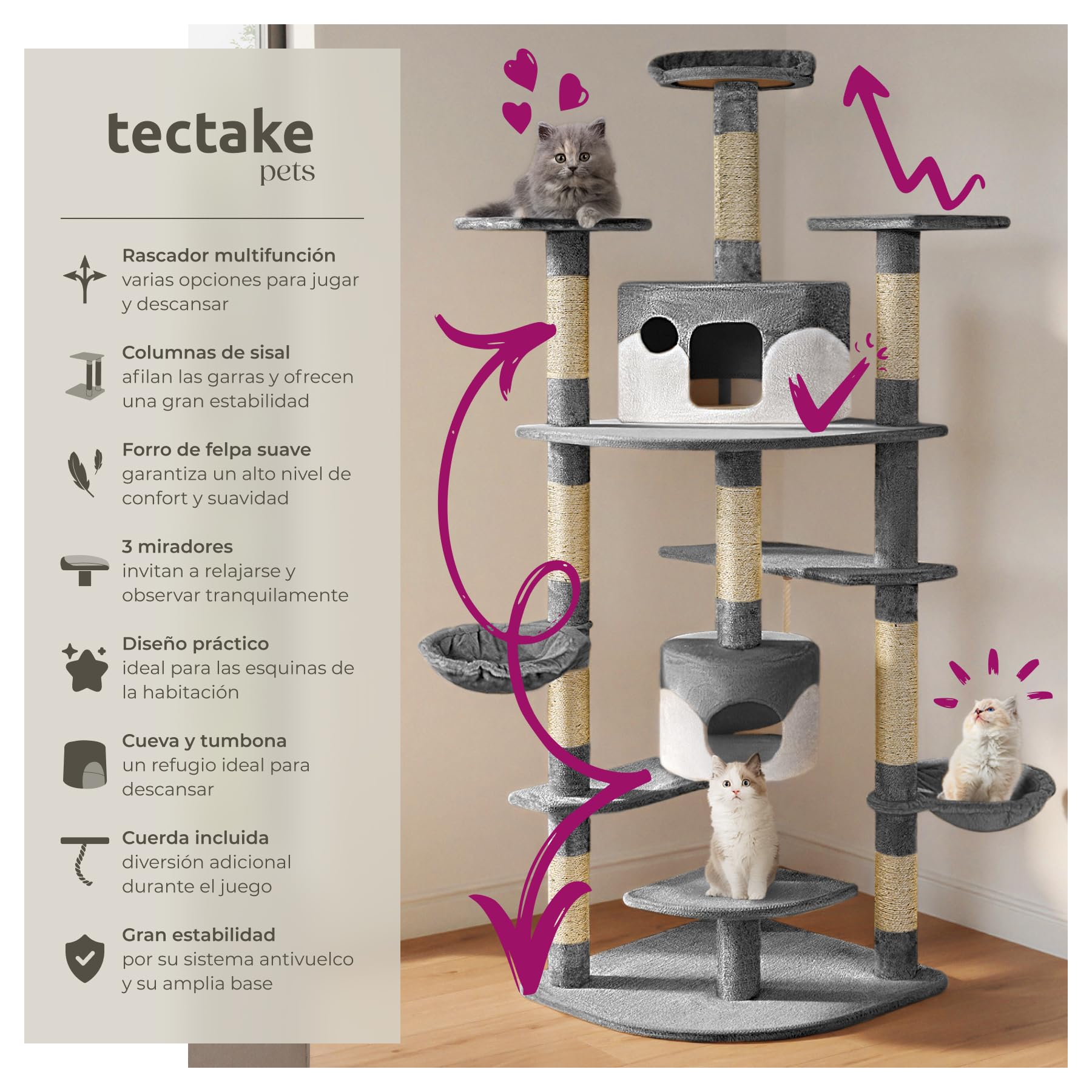 tectake® Rascador Árbol para Gatos 4 Plataformas, 2 Casetas, Varias Alturas, 2 Nidos Basculantes, Rascador para Gatos Grandes, Árbol Rascador para Gato, Casa para Gato - 201 cm Gris/Blanco