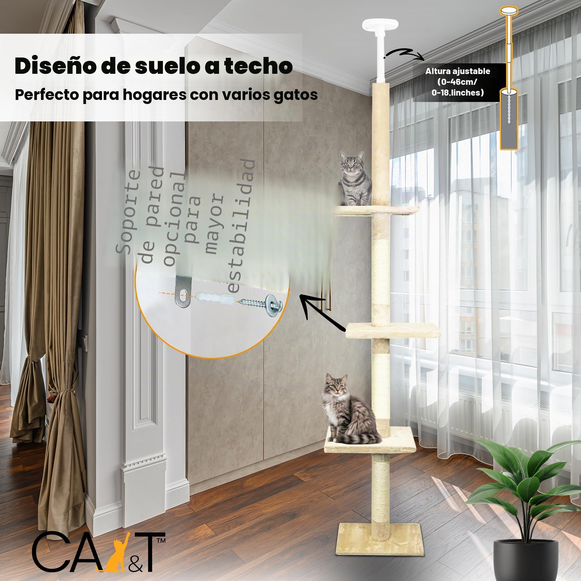 Poste escalador y rascador de suelo a techo para gatos