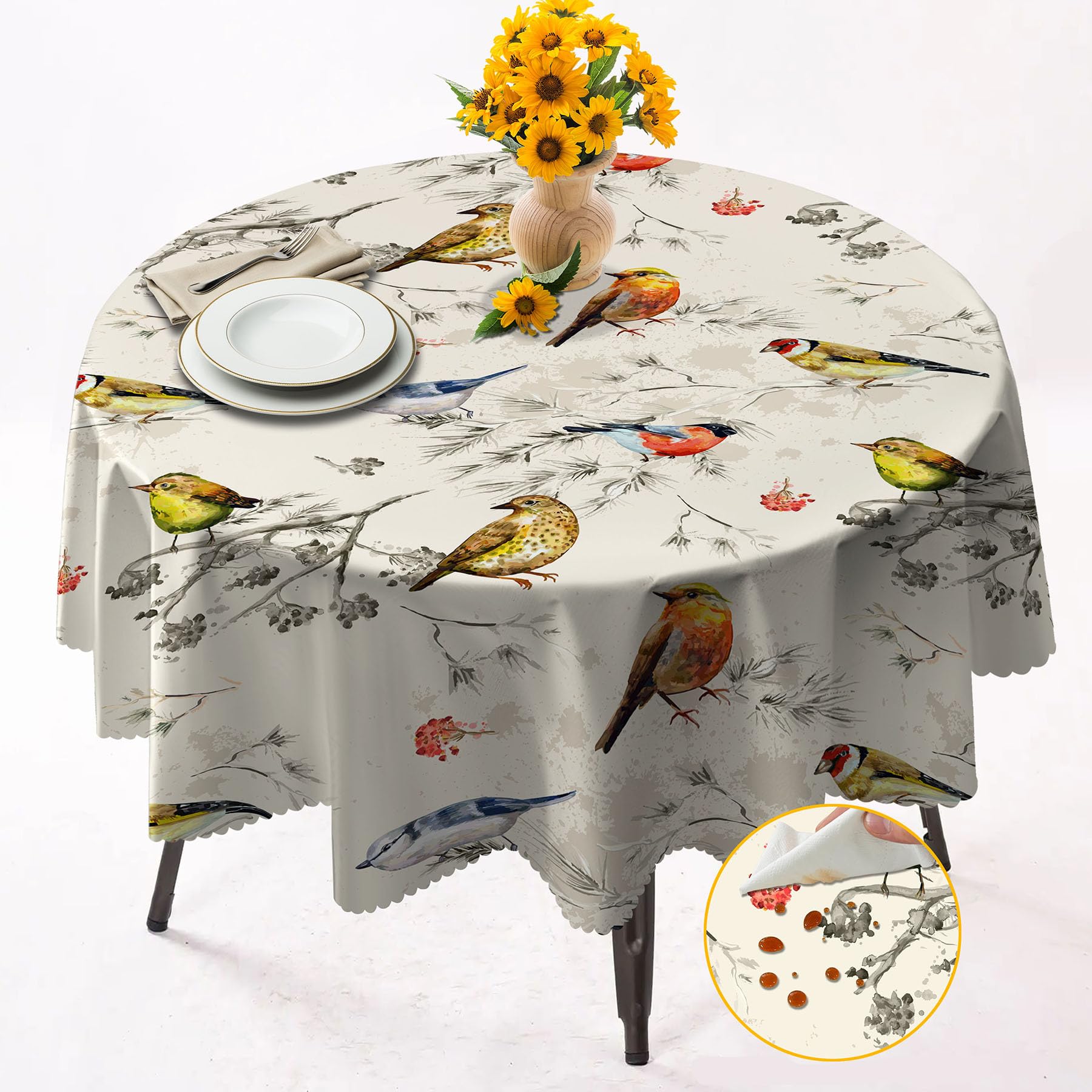 Round Tablecloth 152cm Wrinkle Free Washable Polyester Table Cloth for Circular Table, Home Dining Party Use,Flower and Bird Round Wipe Clean Tablecloth 60 Inches (Color 13)