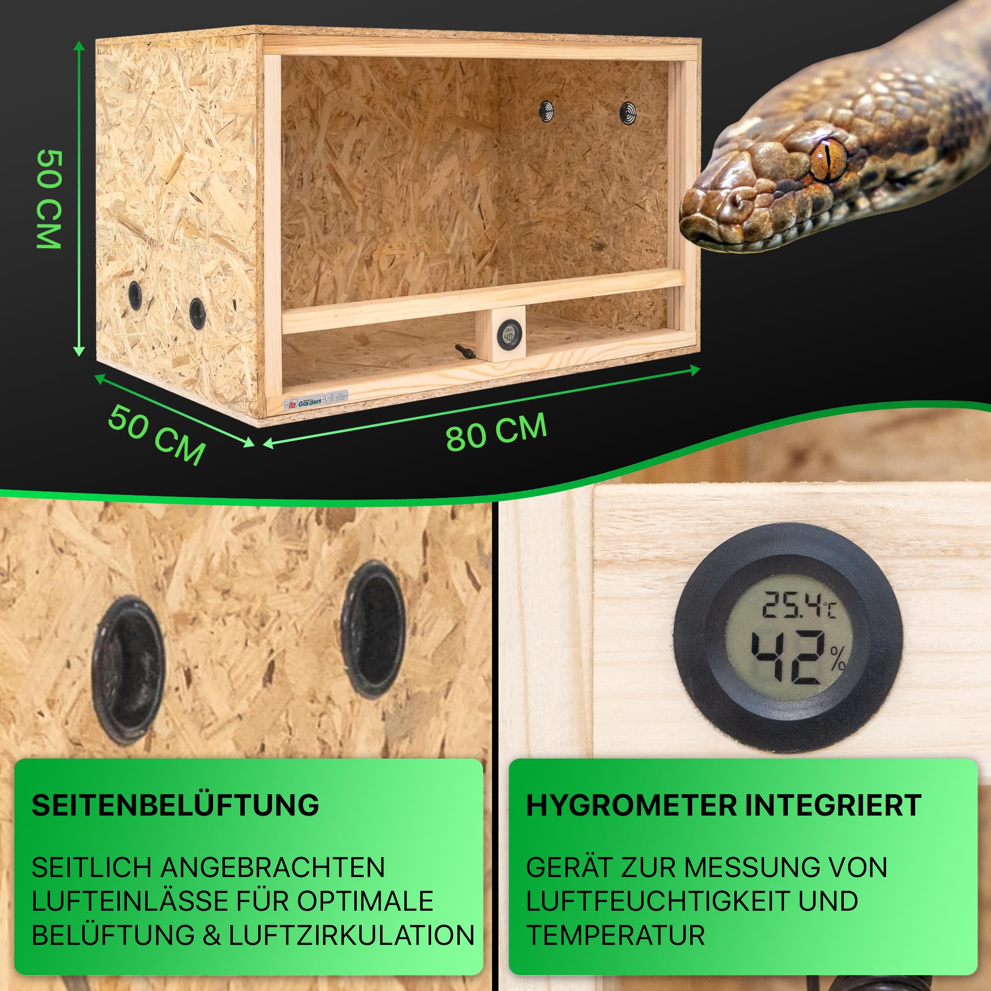 ITA Holz Terrarium 80x50x50 cm mit Seitenbelüftung & Integriertem Hygrometer - Holzterrarium aus OSB-3 Platten - Terrarien für Reptilien, Schlangen, Amphibien - EU Produkt, FSC Zertifiziert