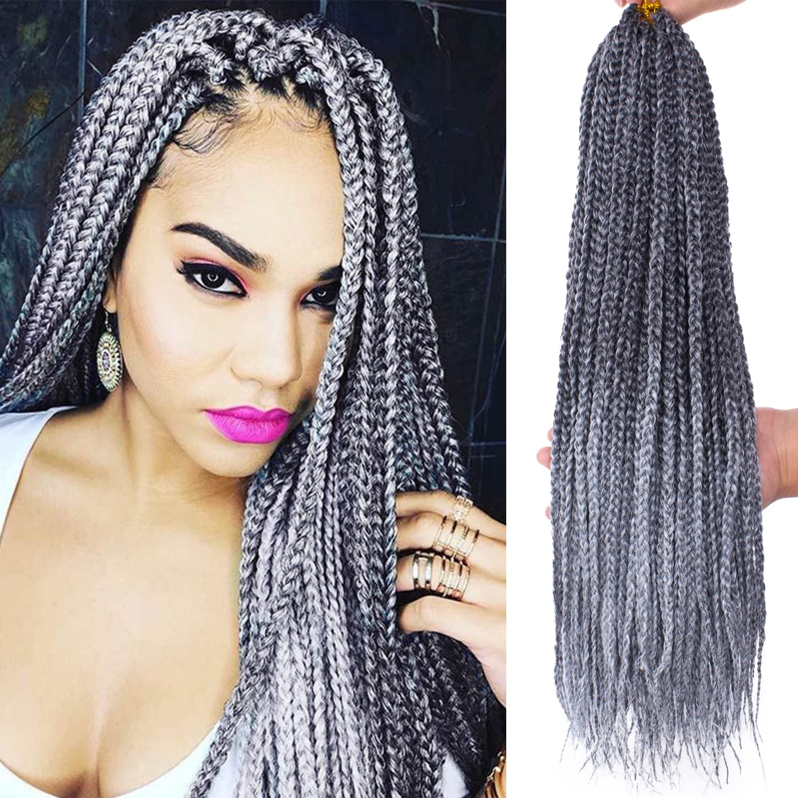 Xtrend 8 Packs 18 Inch Box Braids Crochet Hair 144 Strands Pre-looped Medium Bohemian Braids Hair Black Grey Synthetic Braiding Hair Extension for