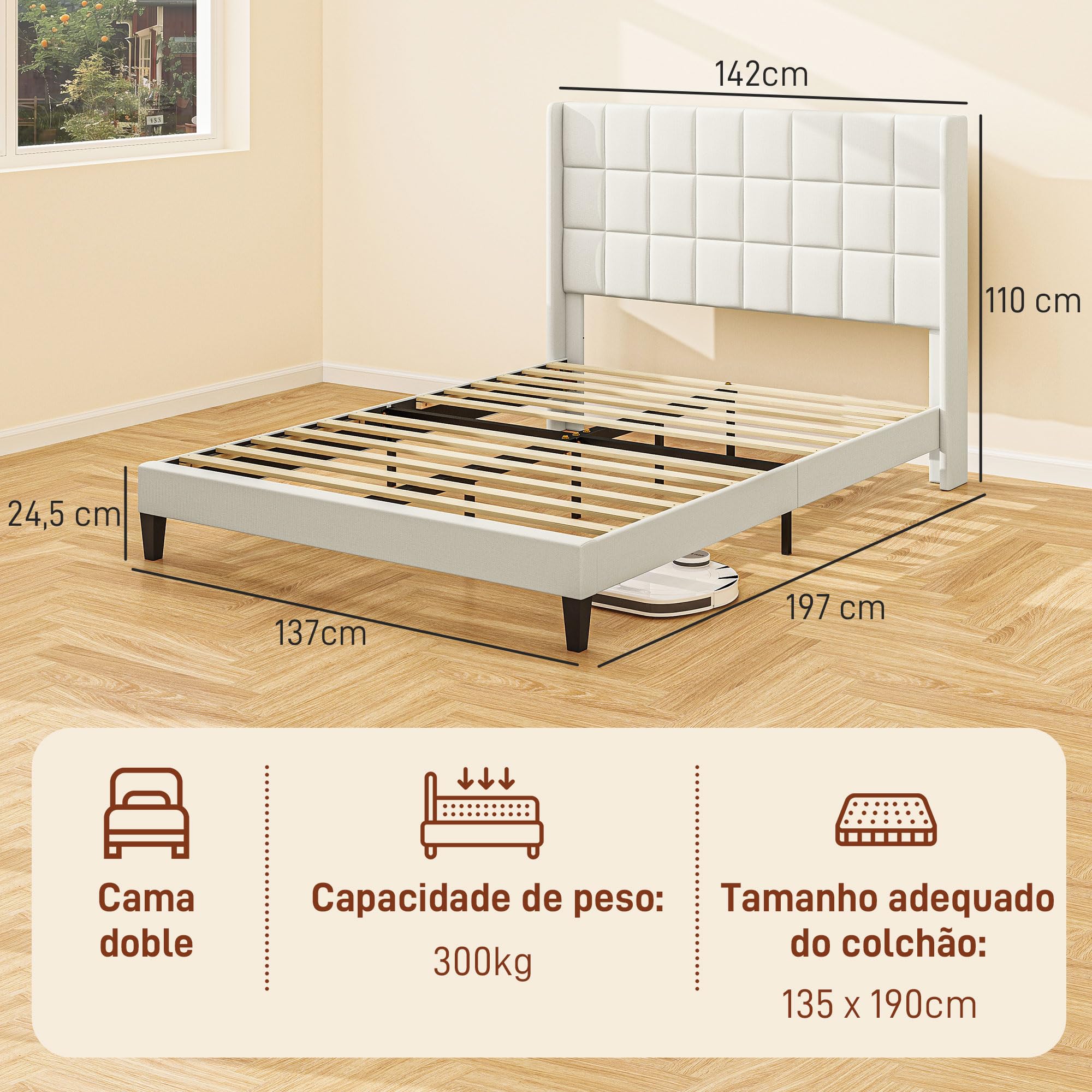 HOMCOM Cama 135x190 cm Estructura de Cama Somier con Cabecera Tapizada de Lino Sintético y Espacio de Almacenamiento Debajo de la Cama Carga 300 kg Beige