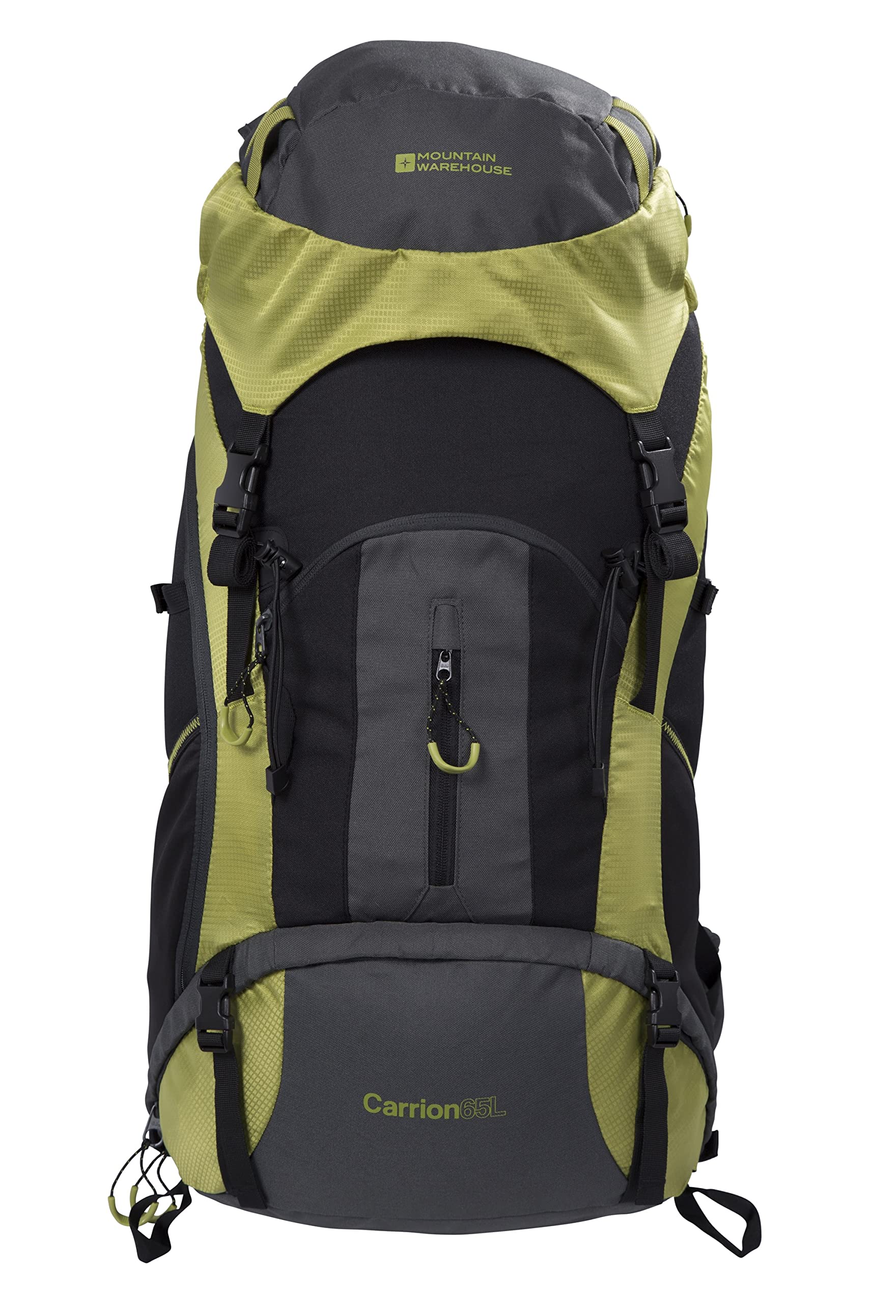Mountain Warehouse Carrion 65L Rucksack - Padded Airmesh Back Daypack Bagback with Ladder Lock, Rain Cover & Lots Of Pockets - All Season Camping, Hiking & Outdoors Lime One Size