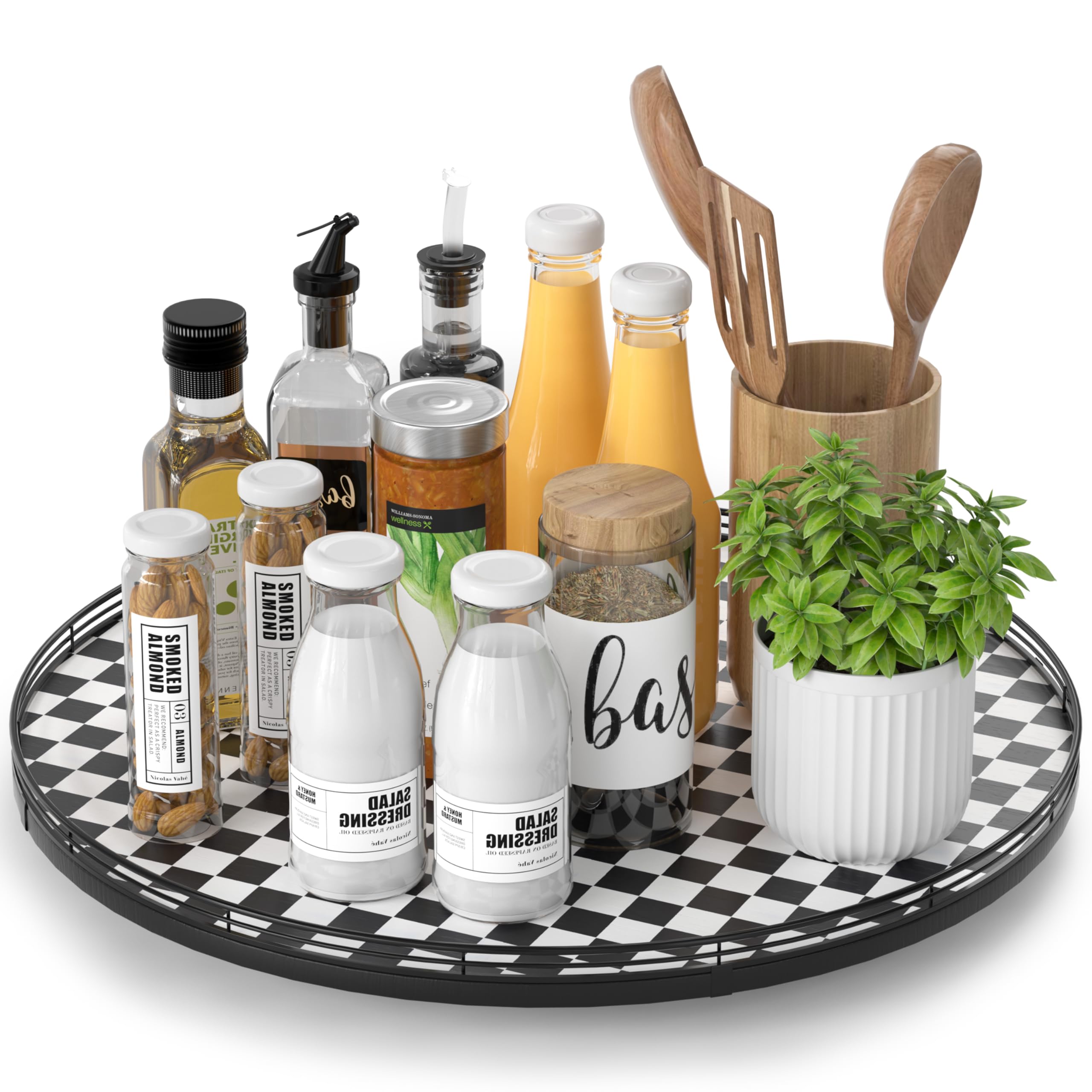 AMH18-Inch Black and White Checkerboard Lazy Susan Decorative Tray