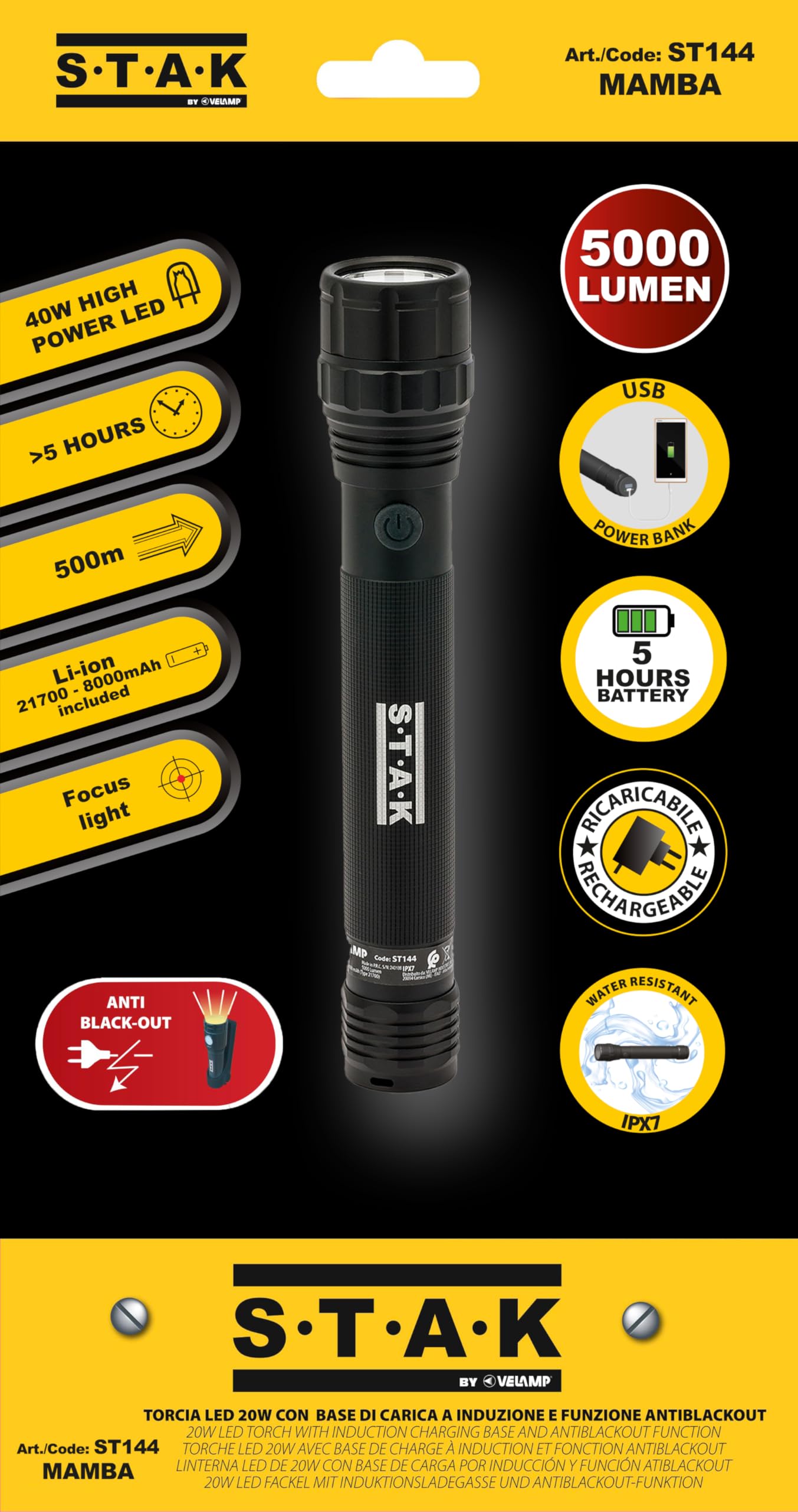 Stak Mamba – Torcia LED 5000 Lumen Ricaricabile con Powerbank - 5 Modalità, Batteria 21700 4000mAh, Impermeabile IPX7, Alluminio Resistente - Per uso Professionale ed escursioni