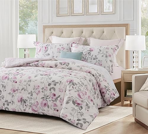Miniatura 2 de SLEEPBELLA Juego de edredón tamaño King, 600 hilos de algodón con estampado blanco y flores moradas, juego de ropa de cama alternativo de plumón de