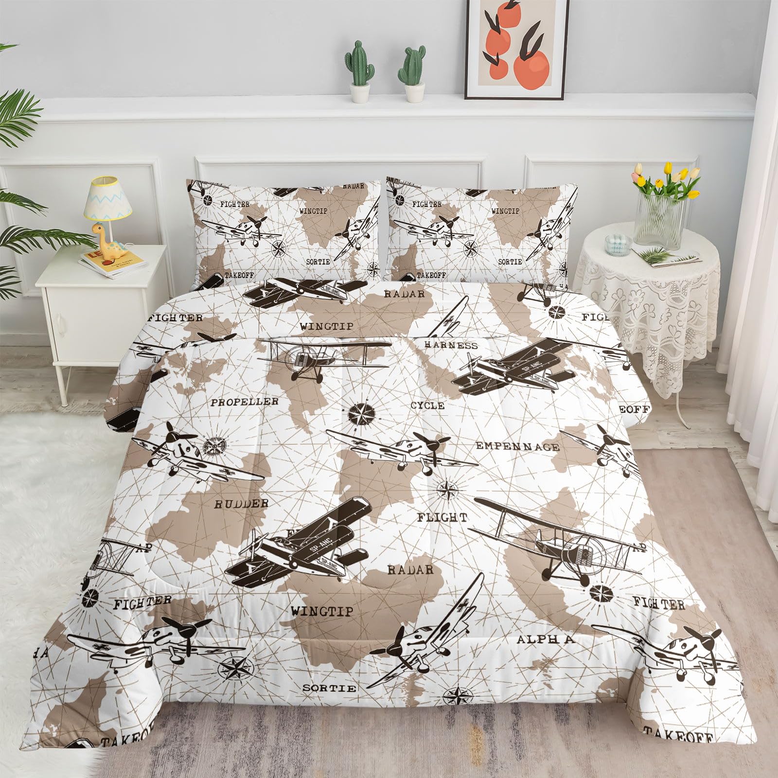 Datura home Airplane Comforter Sets for Boys Kids,Map for Background Fighter Printed,Duvet 3Pcs in Bedding Sets with 1 Comforter and 2 Pillowcases(White Brown Twin)