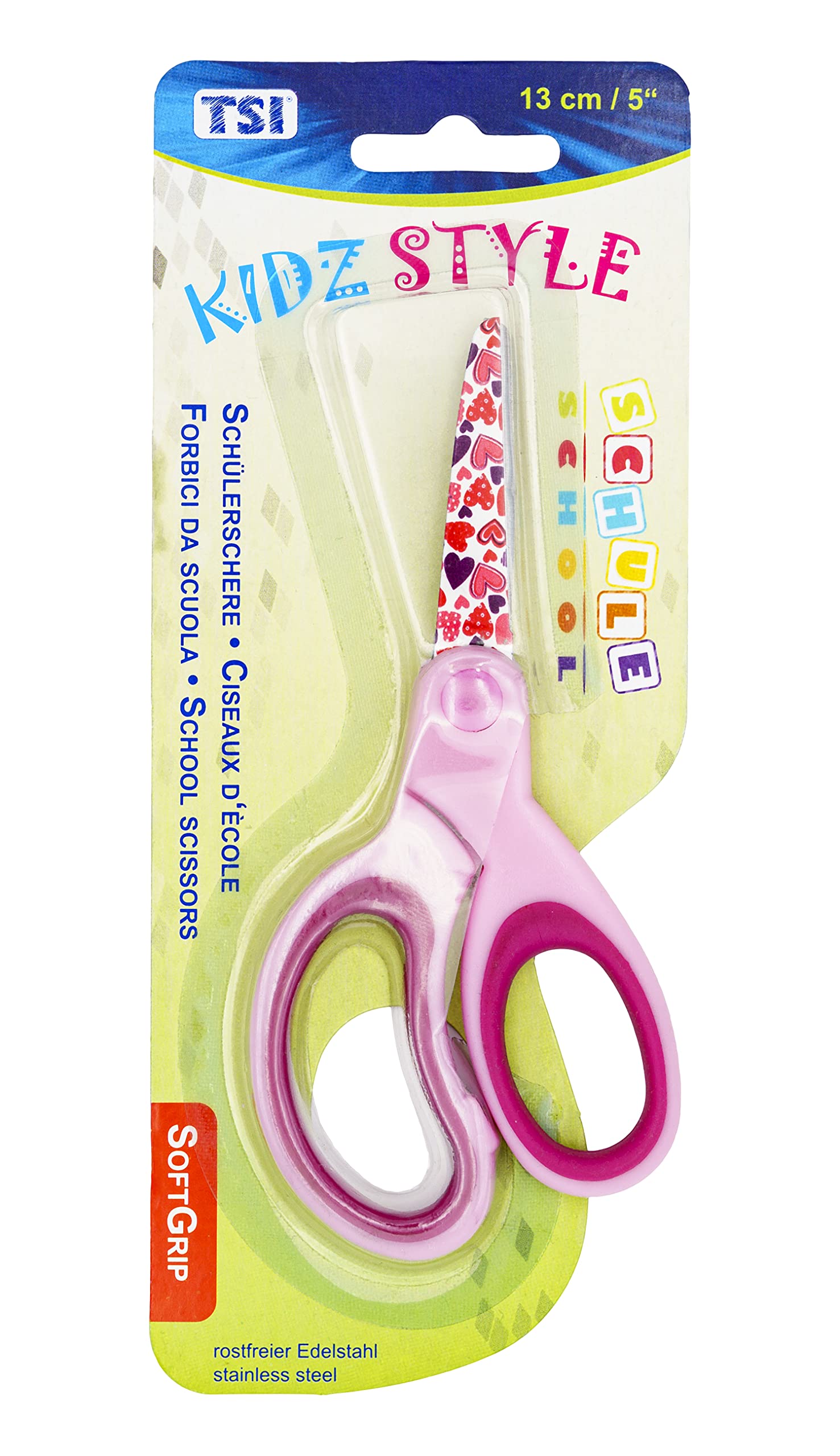 TSI Tijera escolar con diseño en las hojas de tijera, tamaño 13 cm, diseño de corazones, color rosa, número de referencia 41824