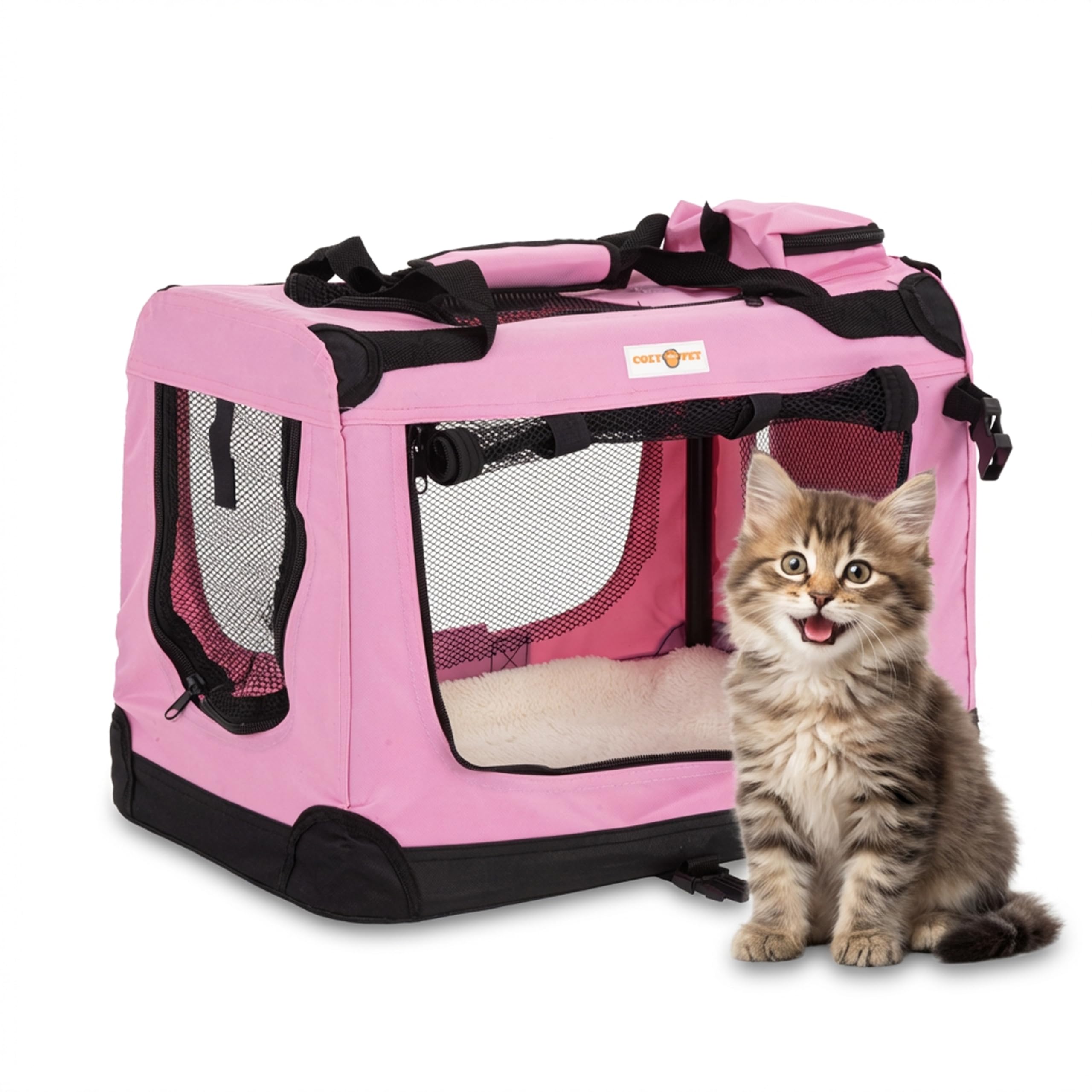 Cozy Pet Fabric Dog Crate in Pink, XS Size 50cm, Cat Pet Carrier Soft Sided Travel Crate Folding Transport Travel Cage Ideal for Dogs, Puppies, Cats, Rabbits, etc. FDC-XS-P
