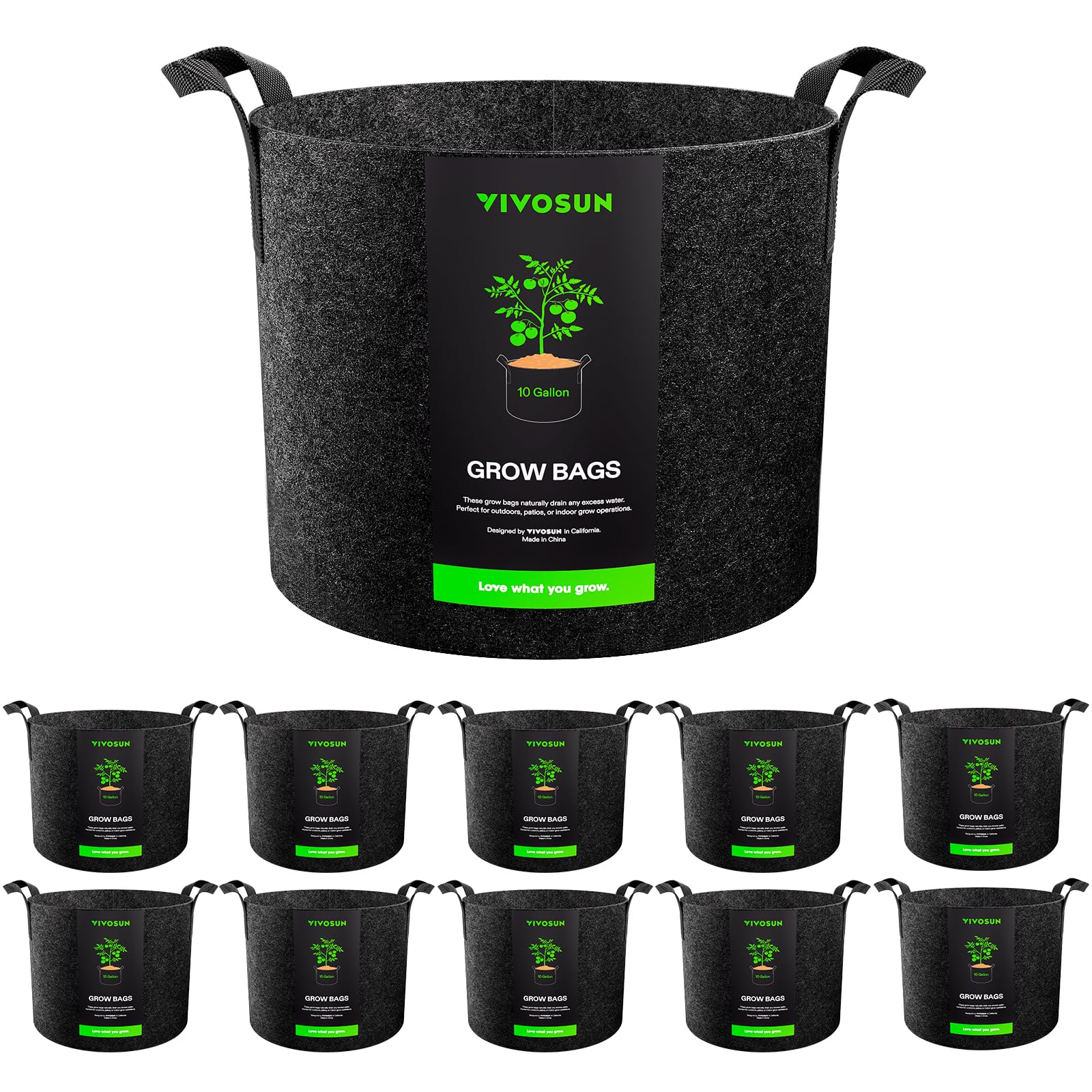 VIVOSUN 10-Pack 10 Gallon Grow Bags, Reinforced Planter Fabric Pots for Gardening Black