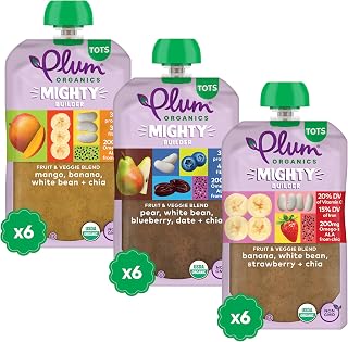 Plum Organics Mighty Builder Organic Toddler Food Pouches Variety Pack - 3 Flavors, Non-GMO, 18 x 4oz for 12+ Months On-The-Go Snacks