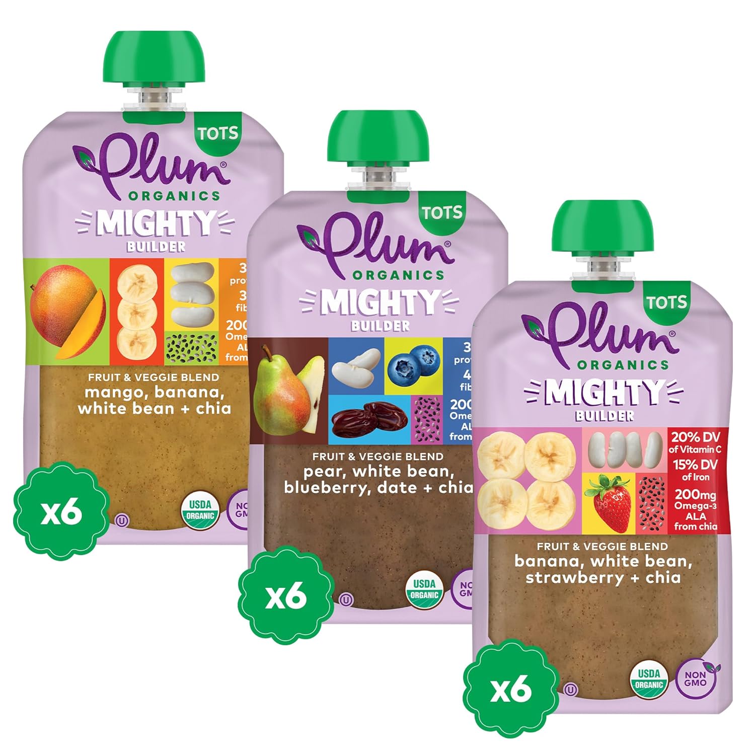 Plum Organics Mighty Builder Organic Toddler Food Pouches Variety Pack - 3 Flavors, Non-GMO, 18 x 4oz for 12+ Months On-The-Go Snacks