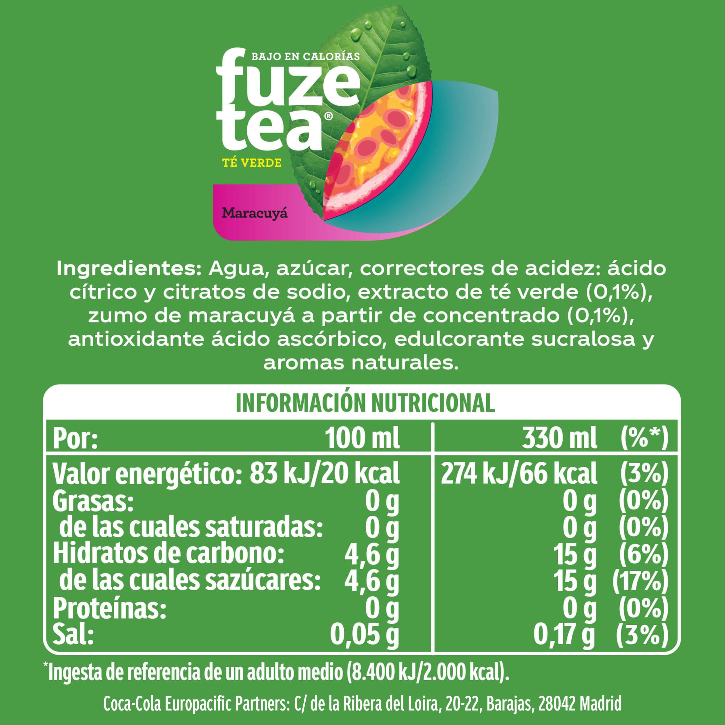 Fuze Tea Maracuyá Refresco de Té Verde Latas 330 ml Pack 24
