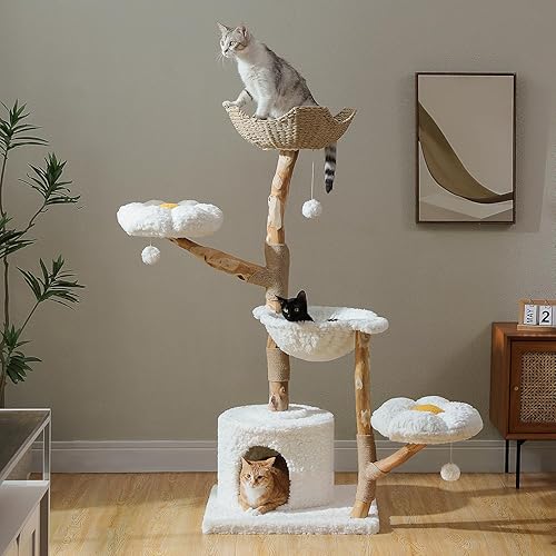 MUTTROS 59" Wood Cat Tree Tower for Large Cats w/2 Flower Perches-Natural Solid Wood Scratching Post with Real Branch-Luxury Boho Cat Furniture w/Condo & Wicker Basket Bed, Cloud White - 59" Solid Wood Cat Tree 5-Tier