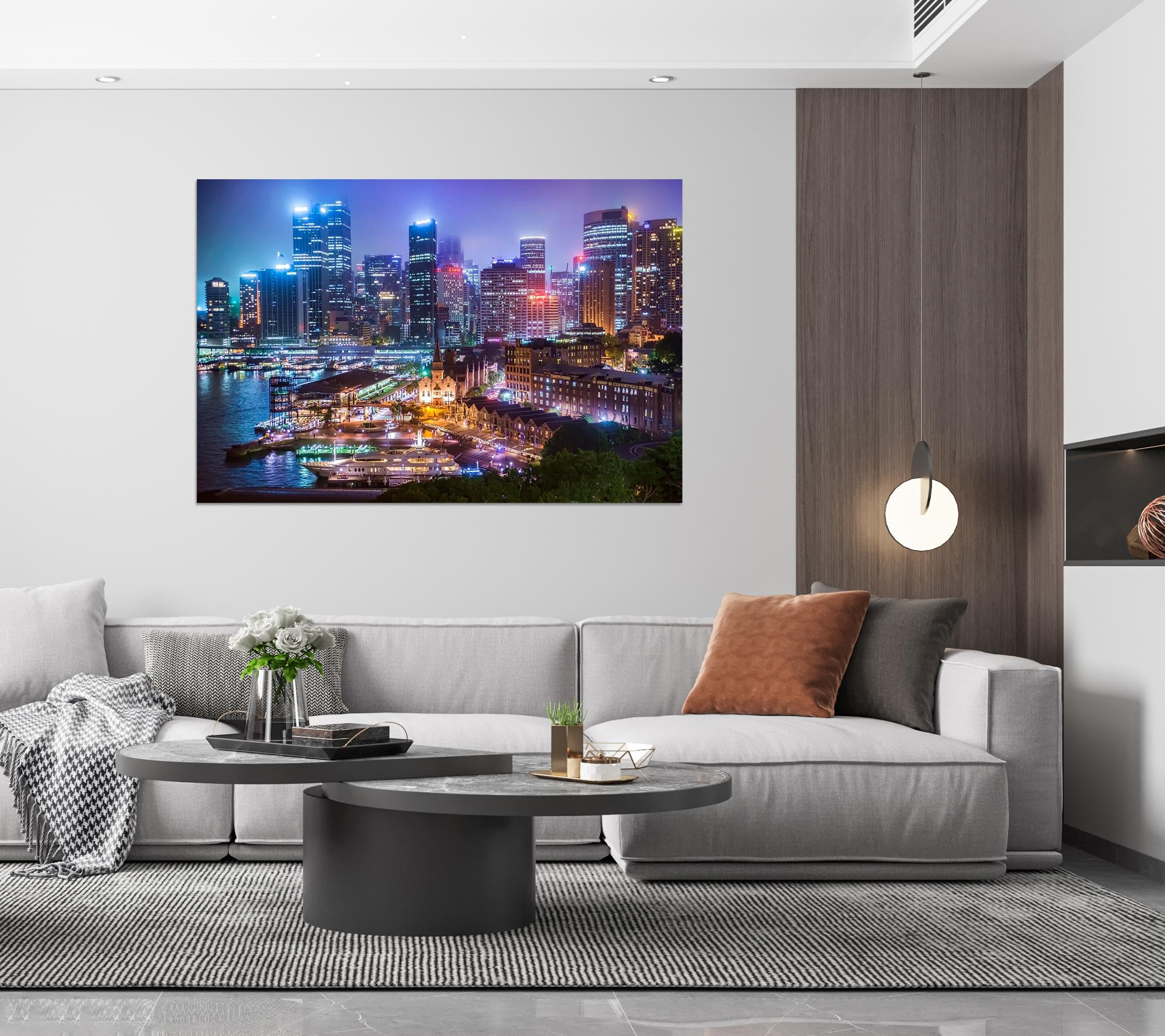 Stadtlandschaft Leinwandbild Fertig zum Aufhängen-Landschaftsbilder auf Leinwand-Nachtlandschaft Gebäuden Wandbilder Wohnzimmer-Panorama Kunstdruck 30x45cm Umwickelte Leinwand
