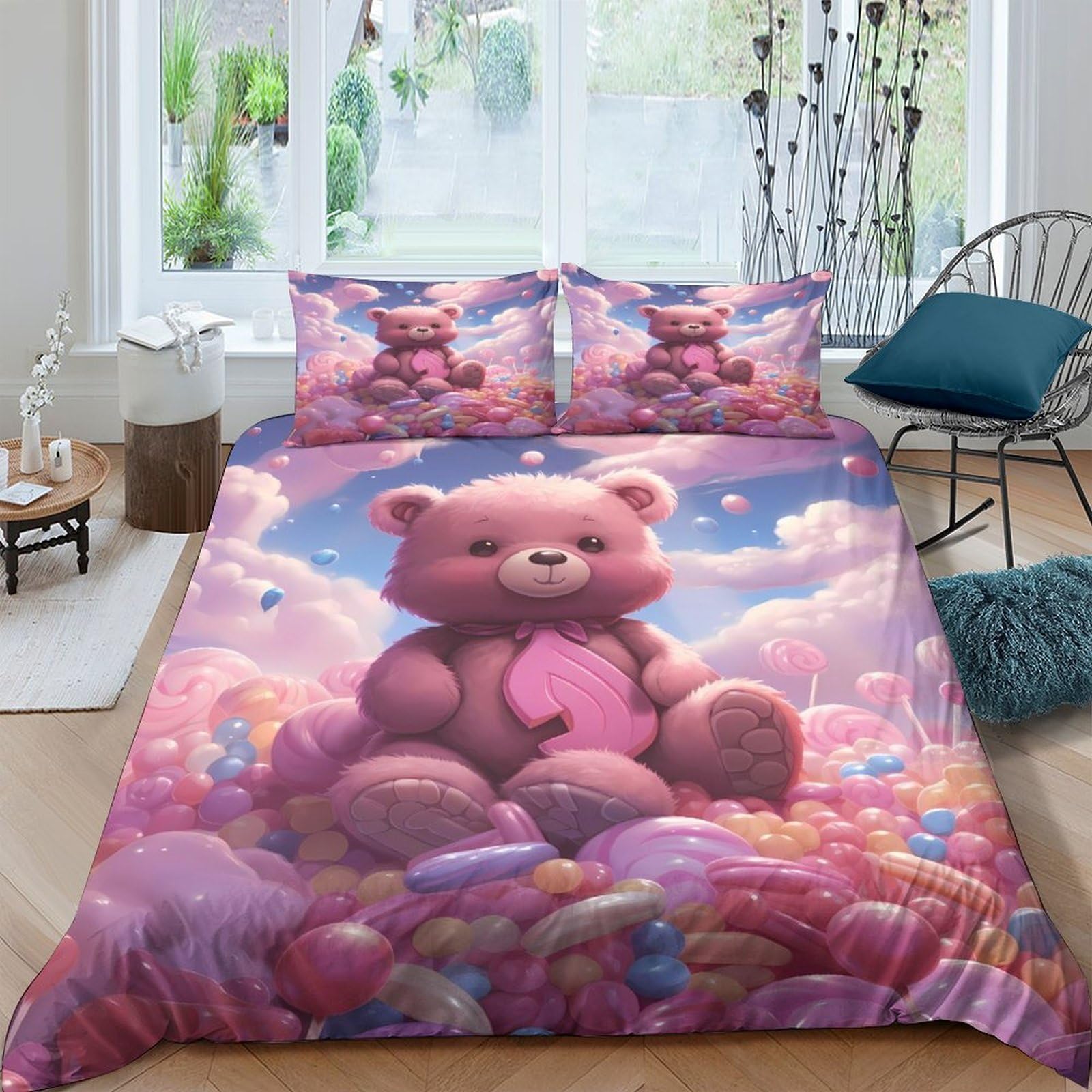 Ctjqhvkz Style-9 3D Printed Pink Teddy Bear Fitted Sheet Microfiber Soft Anti-Slip Candy Clouds Bed Cover For Bedroom Dorm Décor Single（135X200cm）