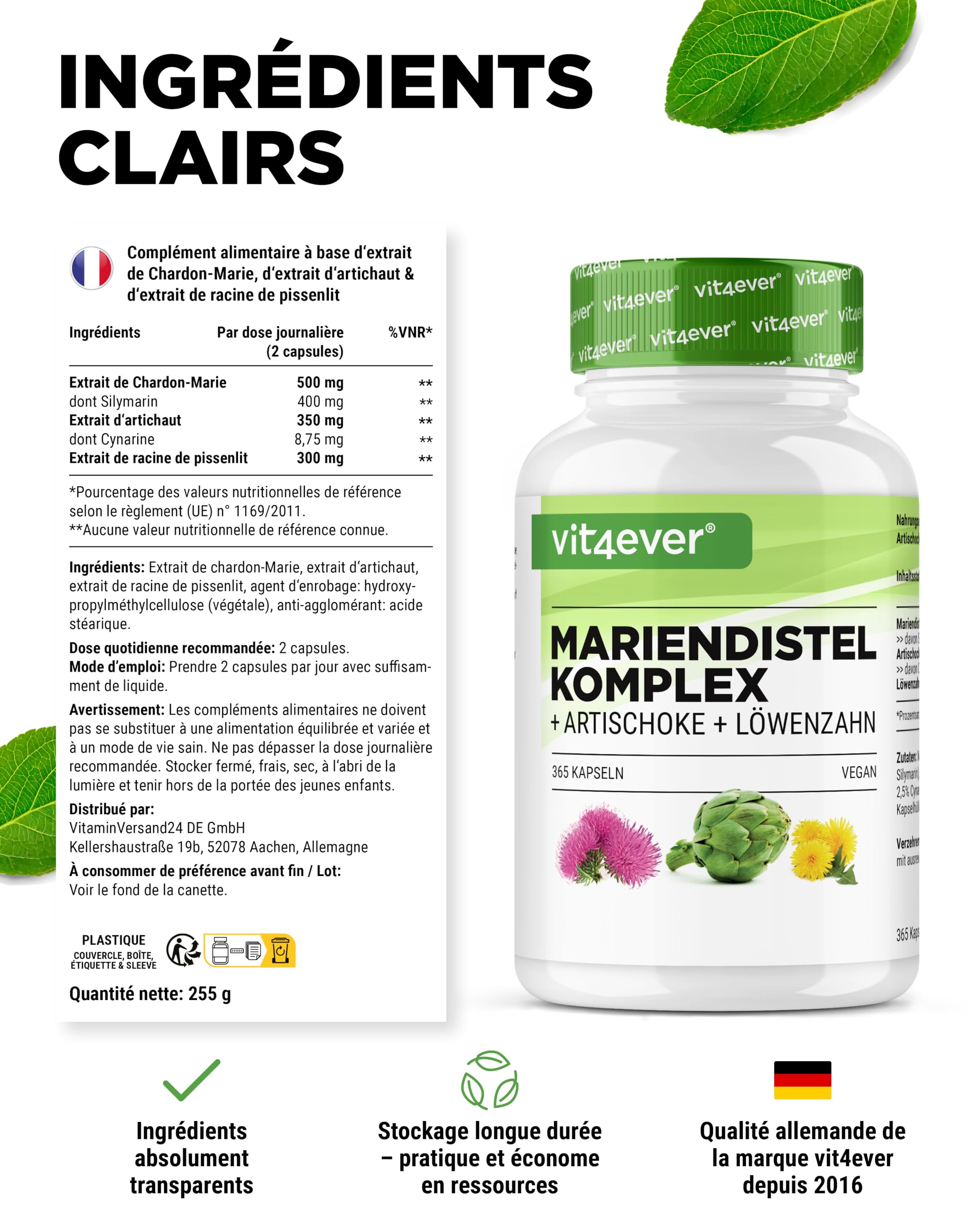 Chardon-Marie Artichaut Pissenlit Complexe - 365 capsules (6 Mois d'Approvisionnement) - Hautement Dosé avec 80% de Silymarine & 2,5% de Cynarine - Vegan