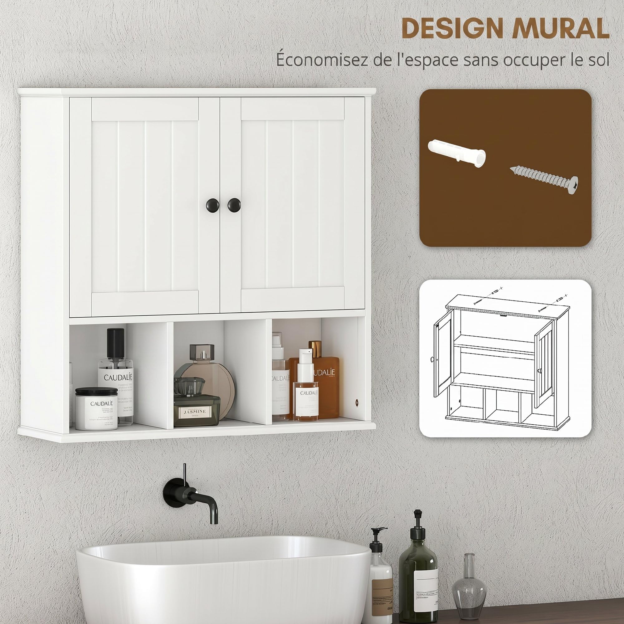HOMCOM Armoire Murale de Salle de Bain 2 Portes 60 x 19,5 x 60 cm Blanc | Meuble de Rangement Suspendu pour Salle de Bains, Étagère Réglable, Compartiments Ouverts, Meuble WC Suspendu