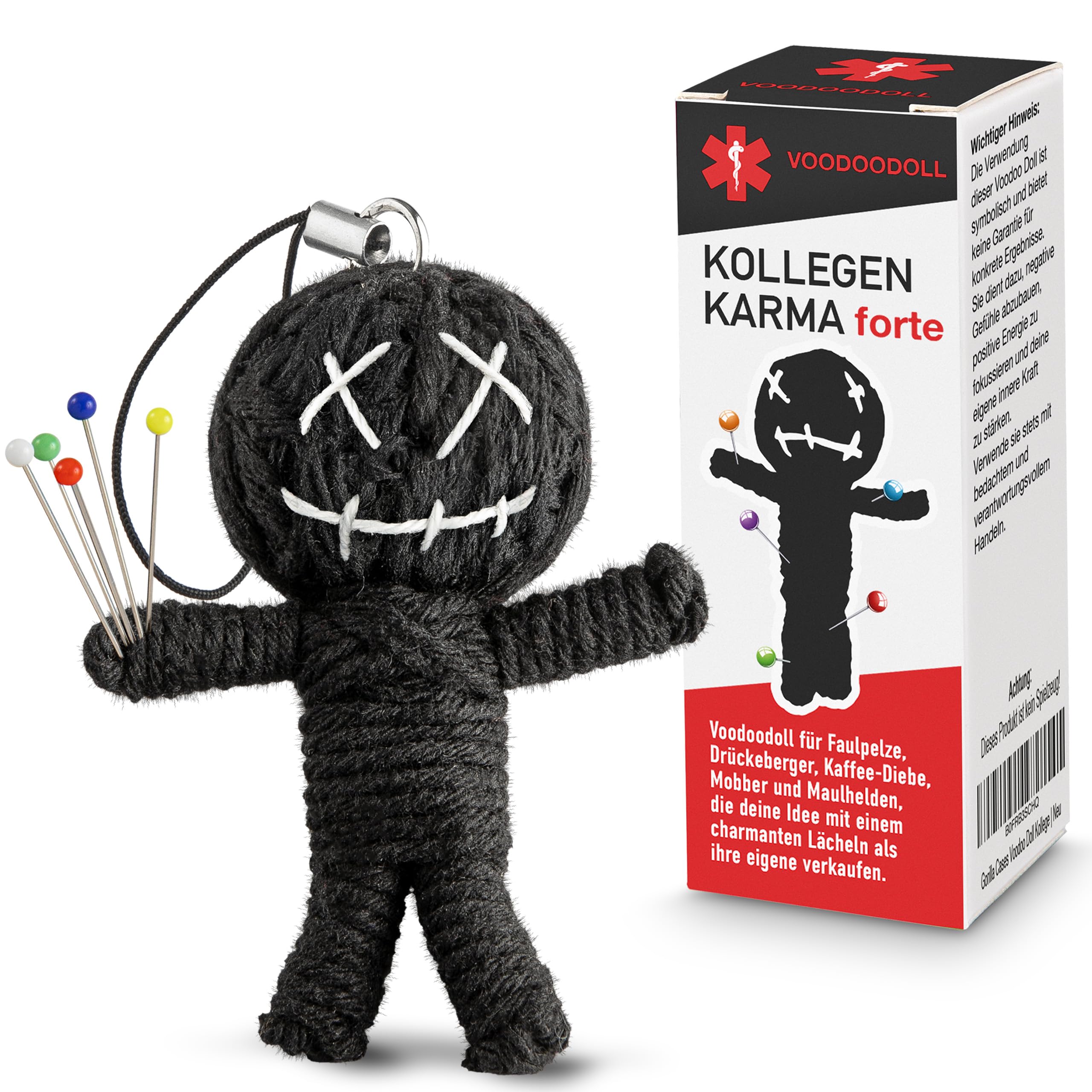 Voodoo Puppe mit Nadeln Arbeit lustiges Geschenk für Kolleginnen Kollegen Anti Stress Präsent Aufmerksamkeit für Lieblingskollegen als Büro Mitbringsel mit 5 Glaskopfnadeln in der Geschenkverpackung