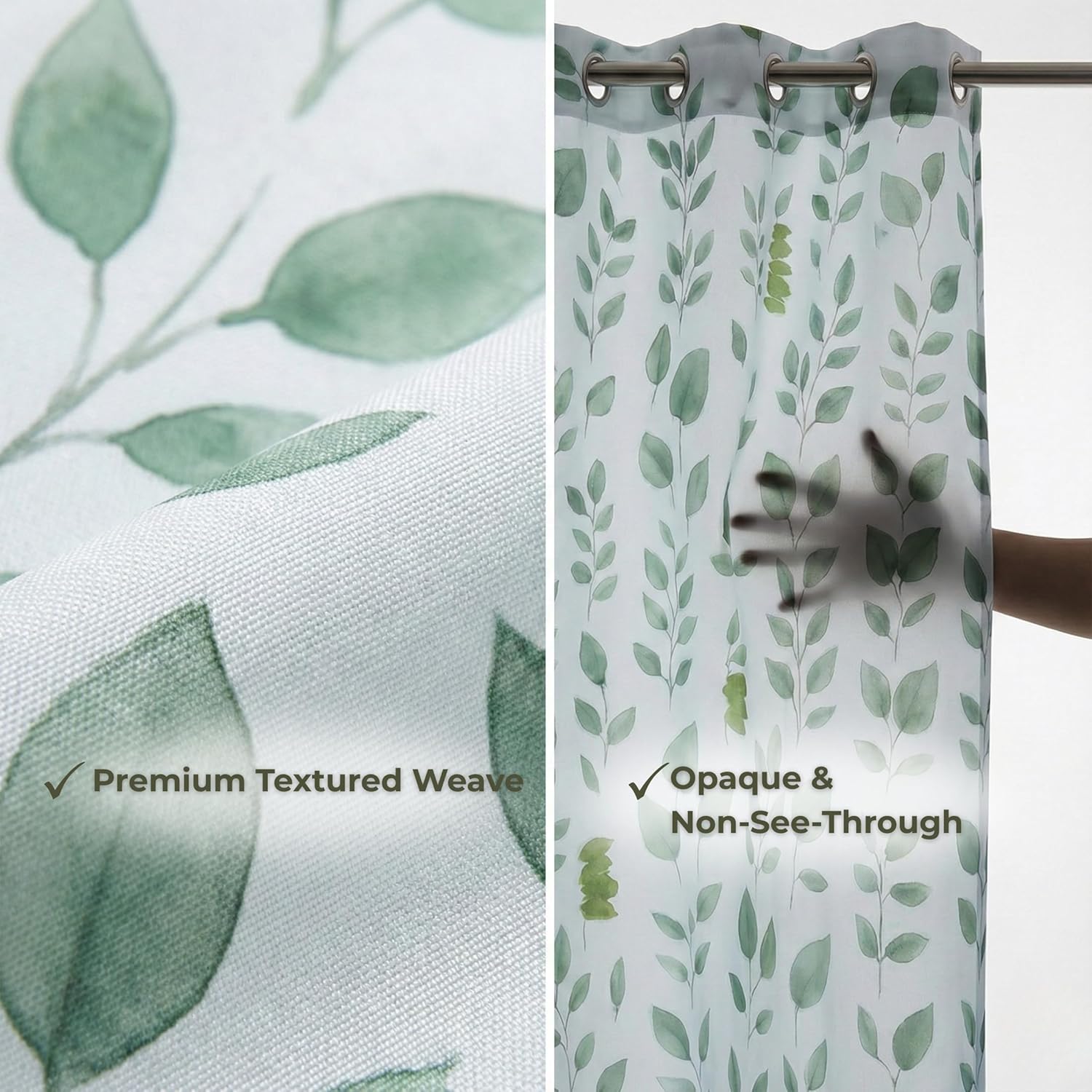 No Hook Shower Curtain with Snap-in Liner, Waterproof Fabric Shower Curtain Set, Washable Polyester Bathroom Curtain with Built-in Rings & Bottom Magnets, Green Botanical, 71W x 74L