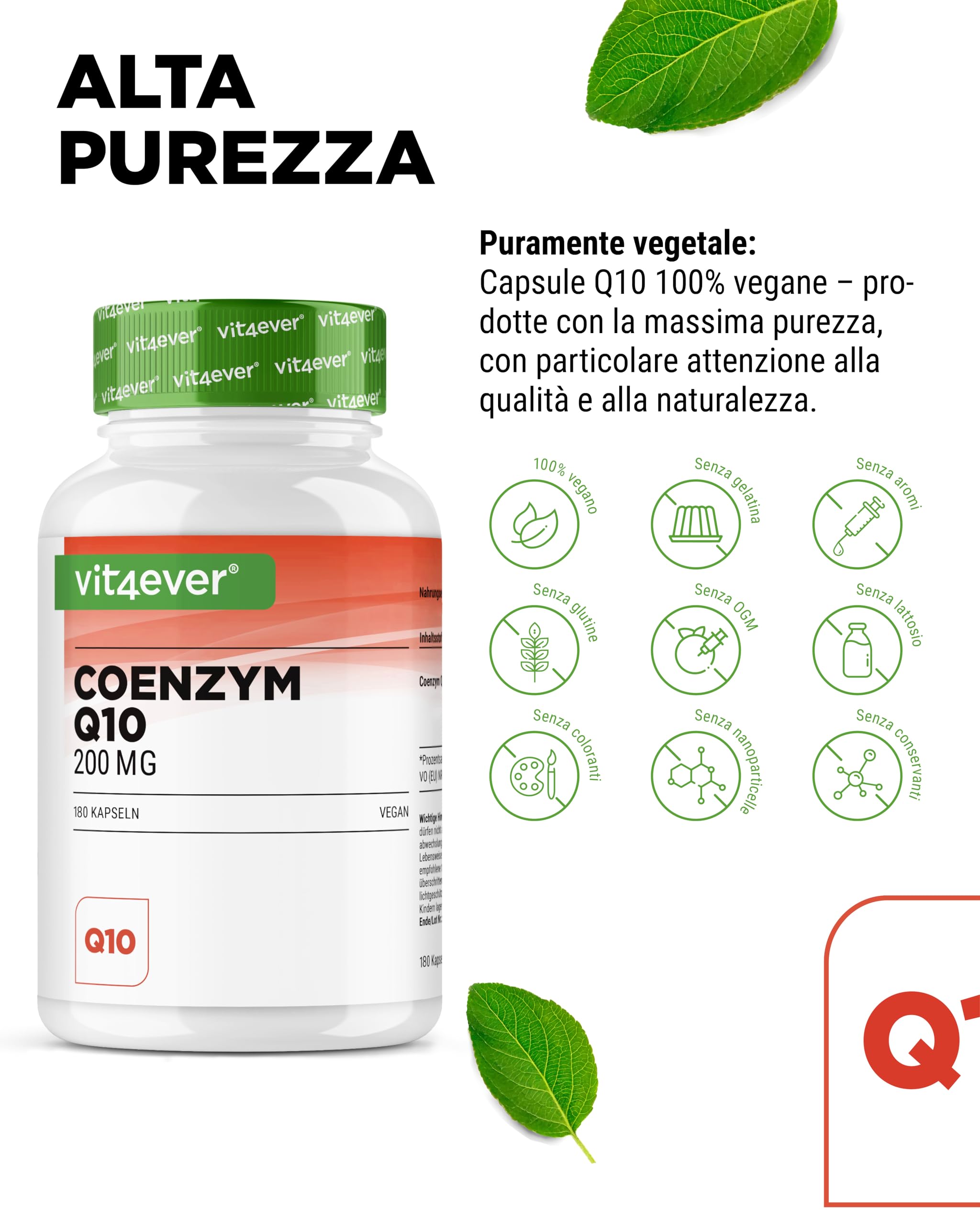 Coenzima Q10 con 200 mg per capsula - 180 capsule vegane - scorta per 6 mesi - Q10 di alta qualità - alto dosaggio, senza additivi inutili