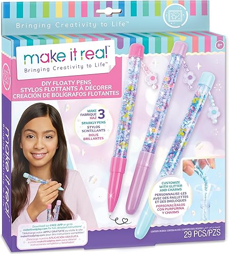 Make It Real Bolígrafos flotantes de bricolaje haz 3 bolígrafos brillantes, personaliza con purpurina y abalorios, adolescentes, niñas y niños a