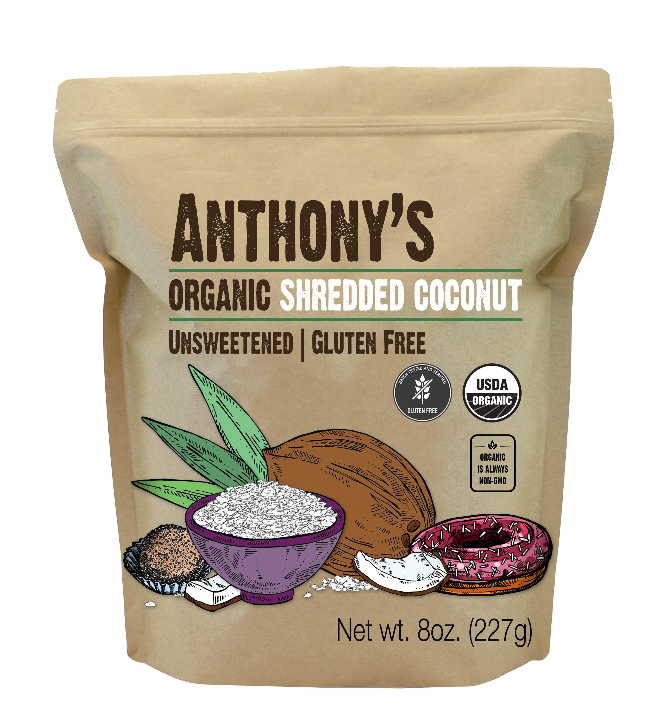 Anthony's Organic Shredded Coconut, 8 oz, Unsweetened, Gluten Free, Non GMO, Vegan, Keto Friendly