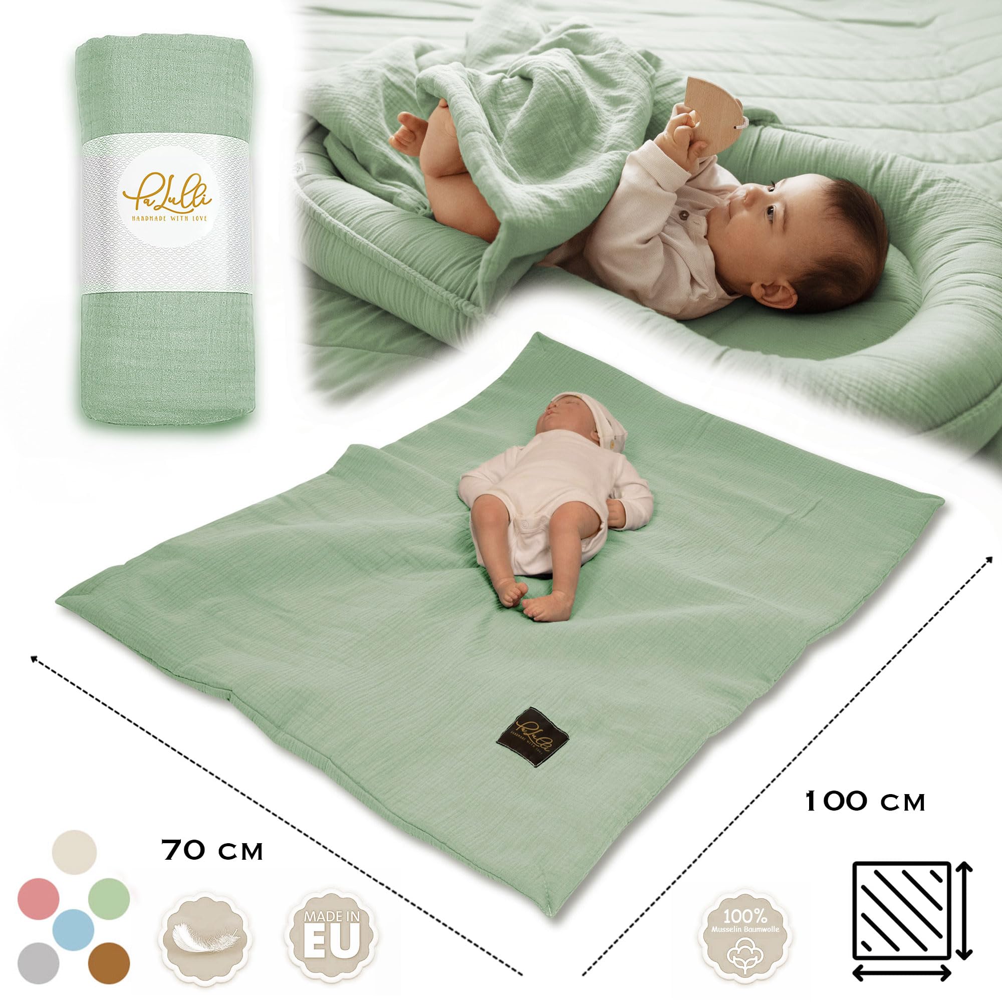 PaLulli® 2in1 Babynest mit Babydecke aus 100% Musselin Baumwolle Premium Kuschelnest Babynestchen 100x60cm Klettverschluss-Klappe Nestchen Wickelauflage Kuschelbett Kokon Decke (Salbei grün)