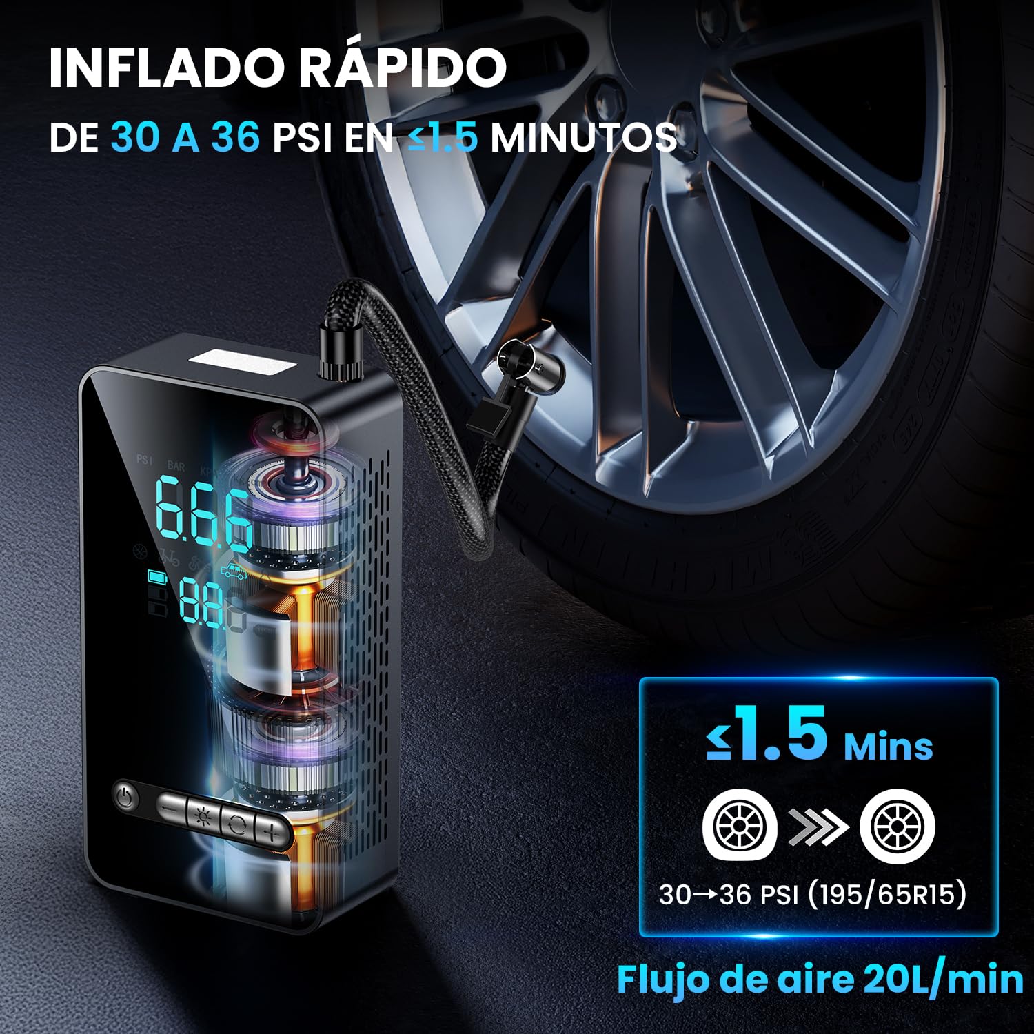 Inflador Ruedas Coche - Compresor Aire Portatil 150PSI con Linterna y Batería Recargable - para Coches, Motos, Bicicletas | Manómetro Digital | SOS Emergencia y Carga USB para Viajes Familiares — view 2