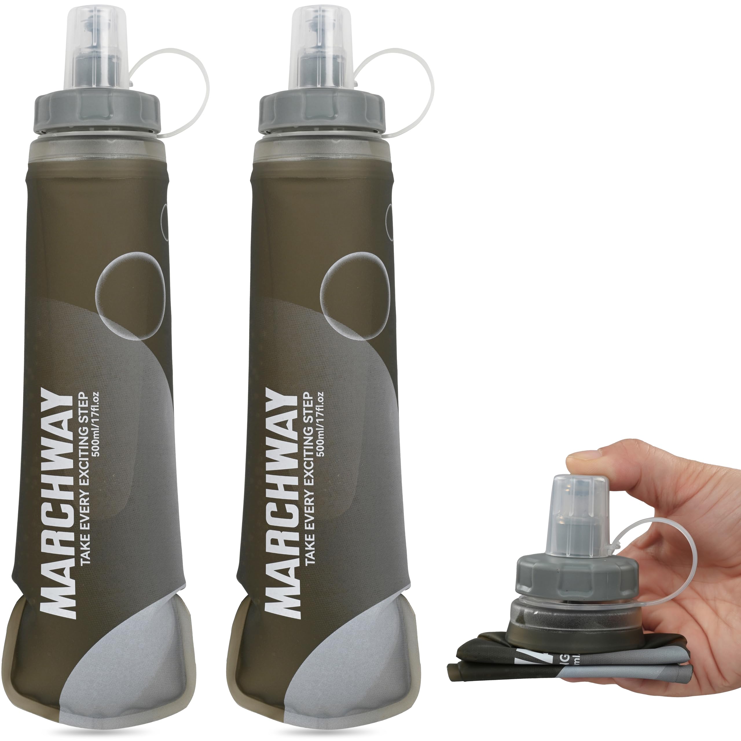 MARCHWAY Soft Hydration Flask with Wide Mouth, 300ml/500ml Collapsible TPU Water Bottle, Leakproof Portable Flexible for Running, Hiking, Cycling, Climbing, Gym, Travel (2pcs Grey 500ml)