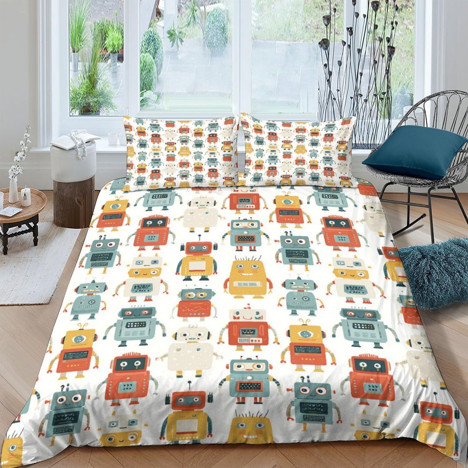 GPLZQXKJNH 3D Printed Colourful Robot Duvet Cover Set Microfiber Breathable with 2 Pillowcases for Bedroom Decor, Single（135x200cm）