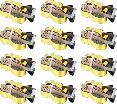 Products Ratchet Tie-Down Straps with Flat Hooks, 2" x 27 Ratchet Straps Yellow | 10,000 Lbs Breaking Strength | TieDown Ratchet Straps for Flatbed, Truck, Trailers Pickup 12 Pack