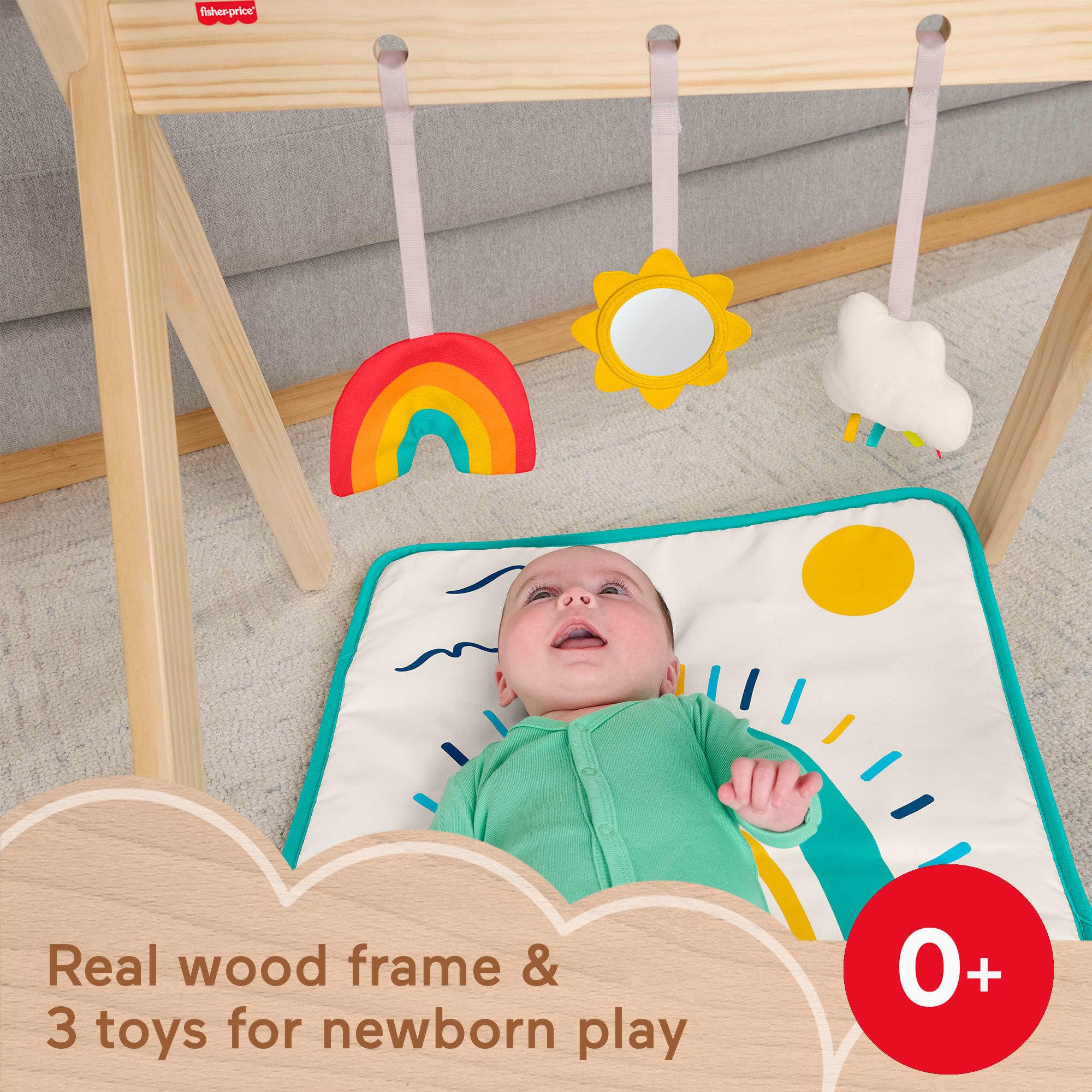 Fisher-Price Tappetino da Gioco in Legno Activity Gym con Telaio in Legno, 3 attività sensoriali per Gioco di Sviluppo Neonato a Partire da 0 Mesi