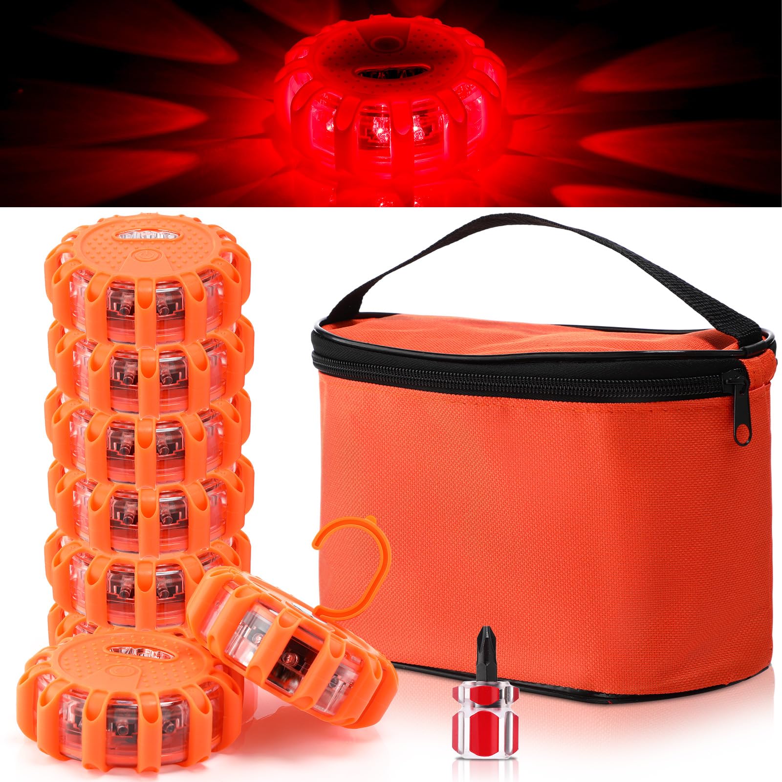 Tallew - Paquete de 8 luces LED de seguridad vial intermitente, kit de advertencia de emergencia en carretera con gancho magnético para vehículo, barco, camión, disco magnético, para coche, coche,