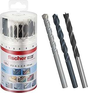fischer - Kit de Brocas Profesionales para Taladro, 18 Piezas Versátiles para Pared, Madera, Metal, Juego Surtido con Diámetros de 3 a 10 mm, Durables, para Bricolaje y Profesionales