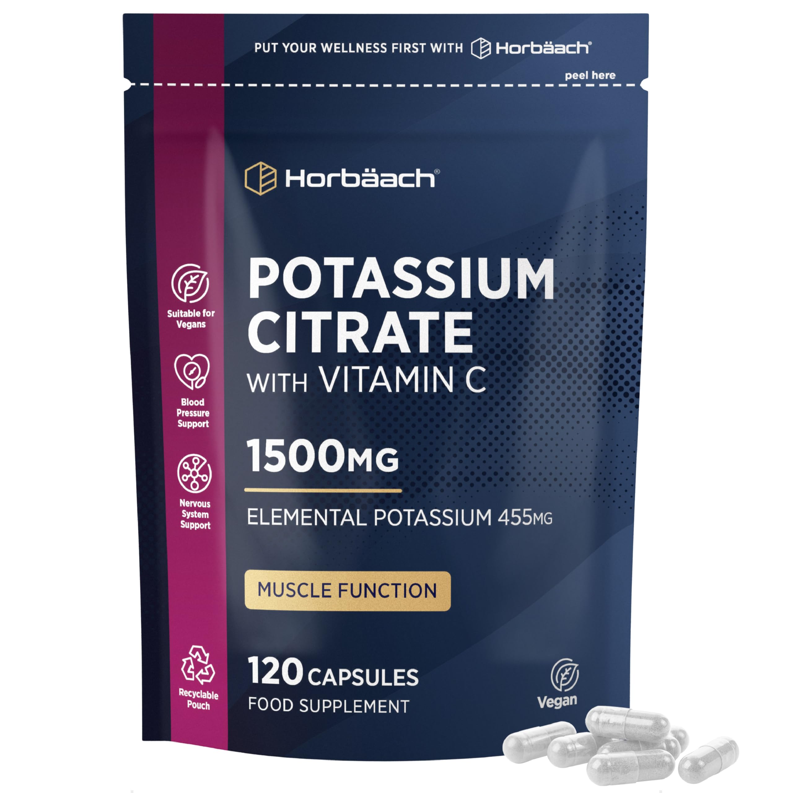 Potassium Supplement High Strength 1500mg with Vitamin C | Electrolyte Capsules | Potassium Citrate | 120 Count | 100% Vegan | by Horbaach