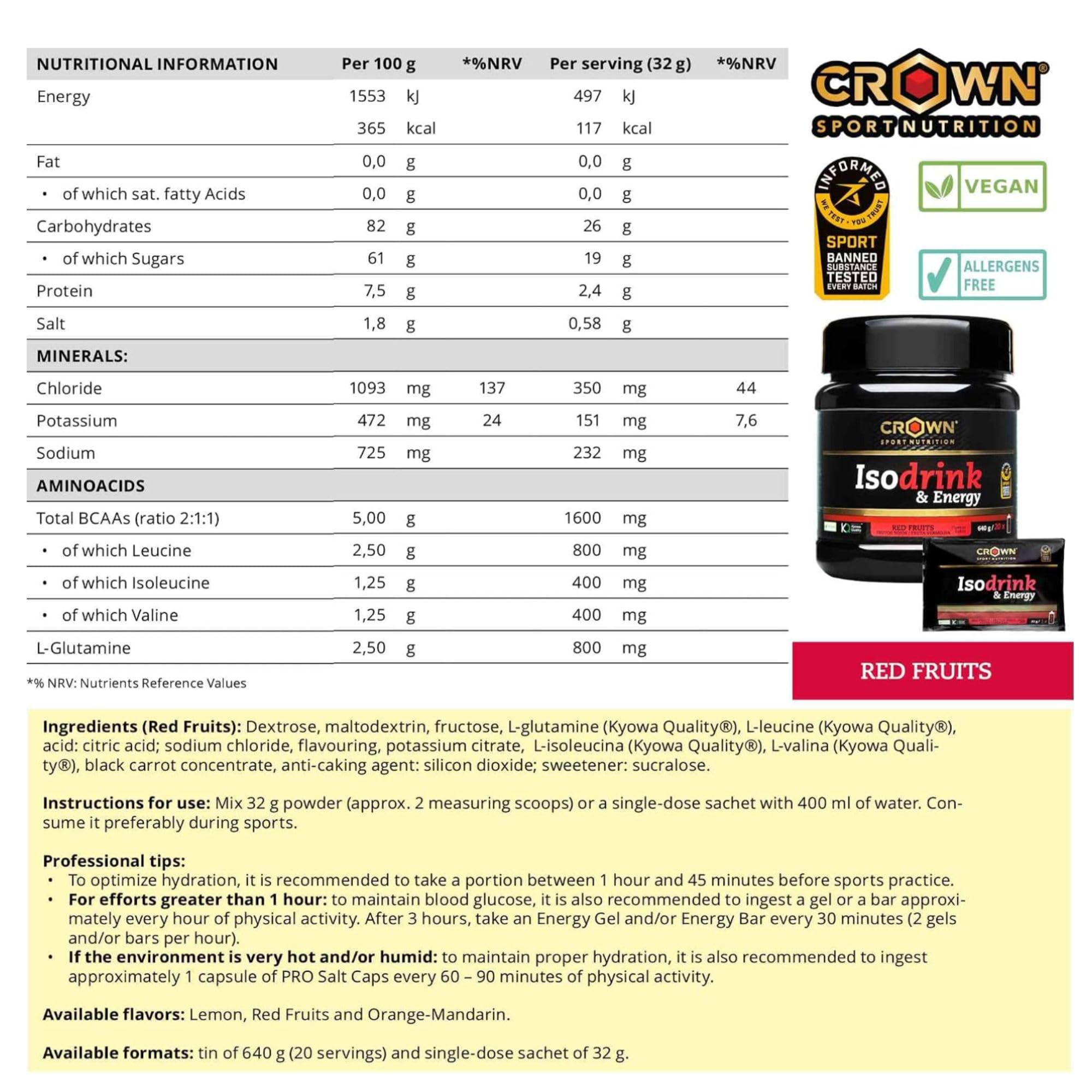 Crown Sport Nutrition Isodrink & Energy | Isotónico en Polvo Carbohidratos | BCAA Glutamina Electrolitos | Bebida Isotónica Sales Minerales | Bote 640 g 20 Tomas | Frutos Rojos | Vegano