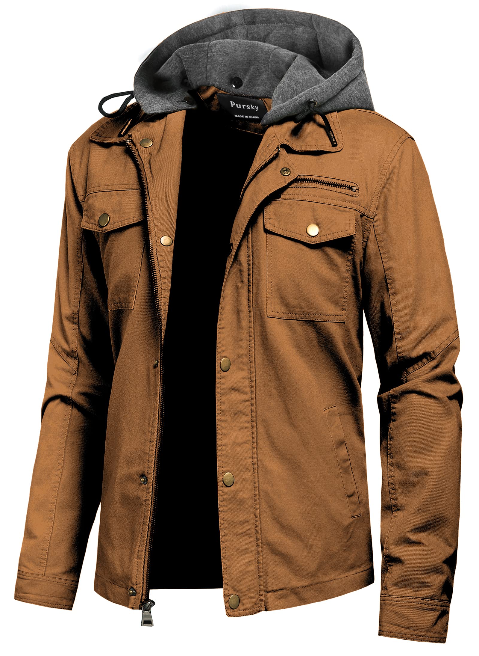 Pursky Men's Canvas Cotton Military Casual Field Jacket Outerwear With Removable Hood