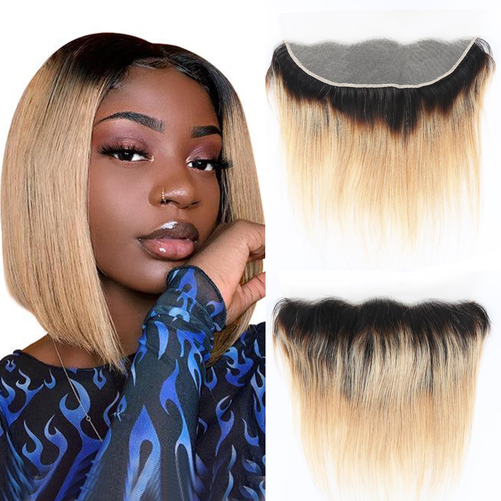 13x4 HD Lace Frontal Closure Ombre Blonde Straight Ear to Ear Frontal Human Hair Virgin Hair Swiss Lace Closure 1B/27 14 Inch