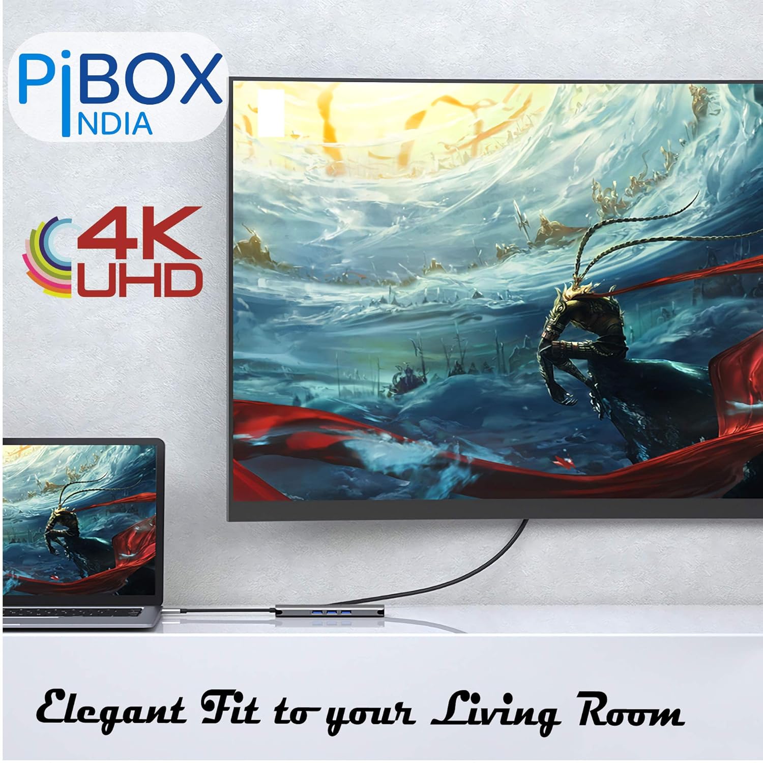 A laptop and a smartphone connected to the PiBOX India USB C Hub Dock, with arrows indicating fast charging and 5Gbps data transfer capabilities.