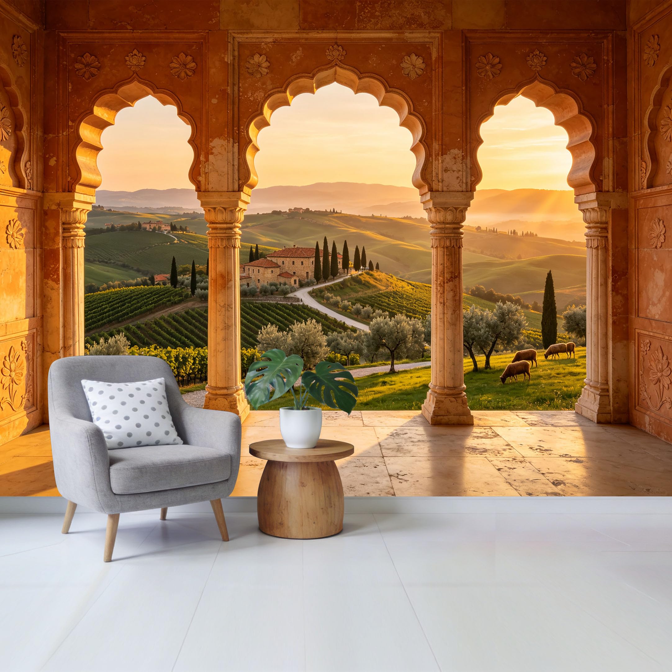 Custom Size Wall Mural Tuscan Countryside Landscape Sunset View Through Arch Columns Removable Self Adhesive Fabric Home Wall Decor for Living Room Bedroom Bathroom