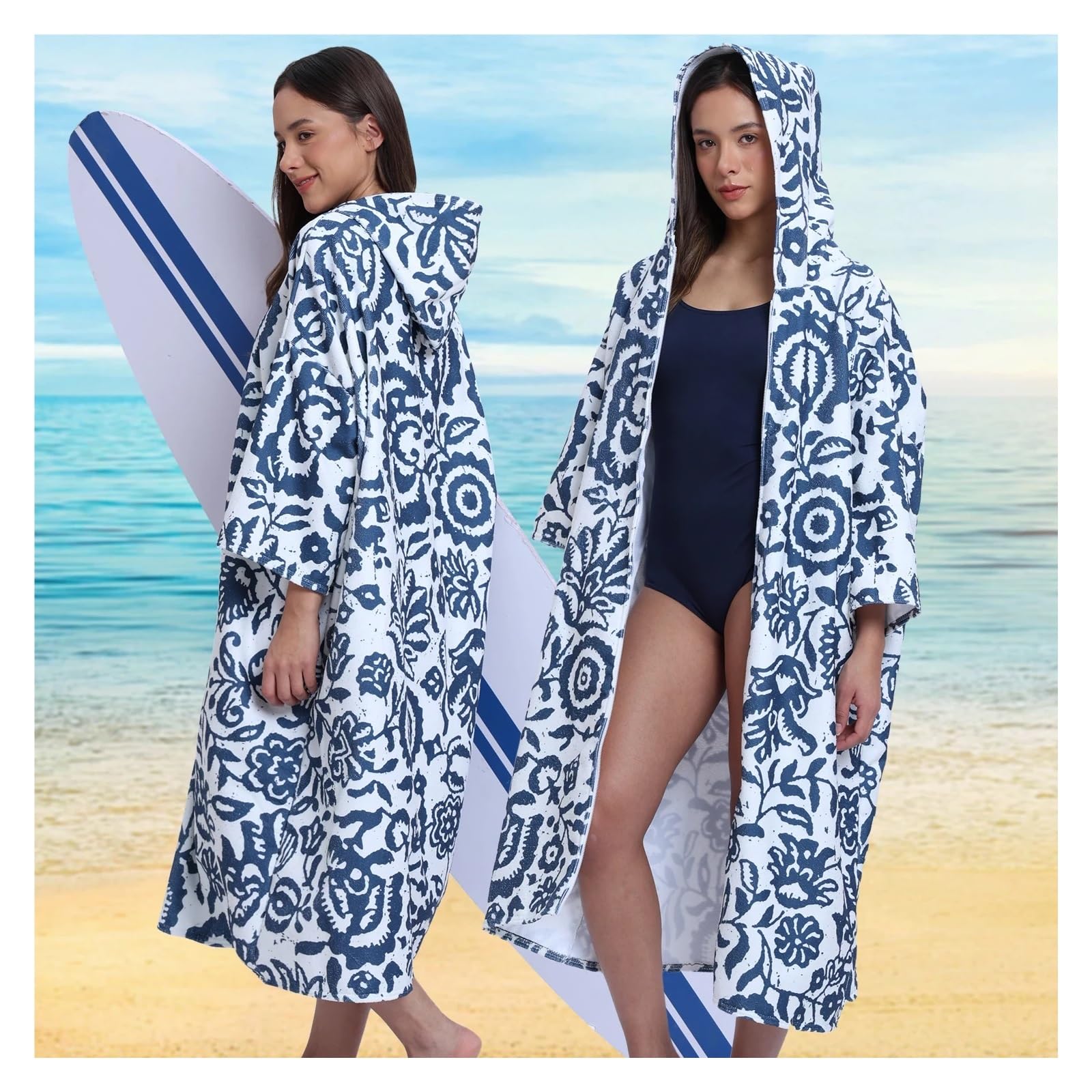 Toalla de baño con Capucha for Adultos - Toalla de Playa con Estampado Floral Azul y Cremallera, poliéster de Secado rápido for Piscina y Playa(Pink)