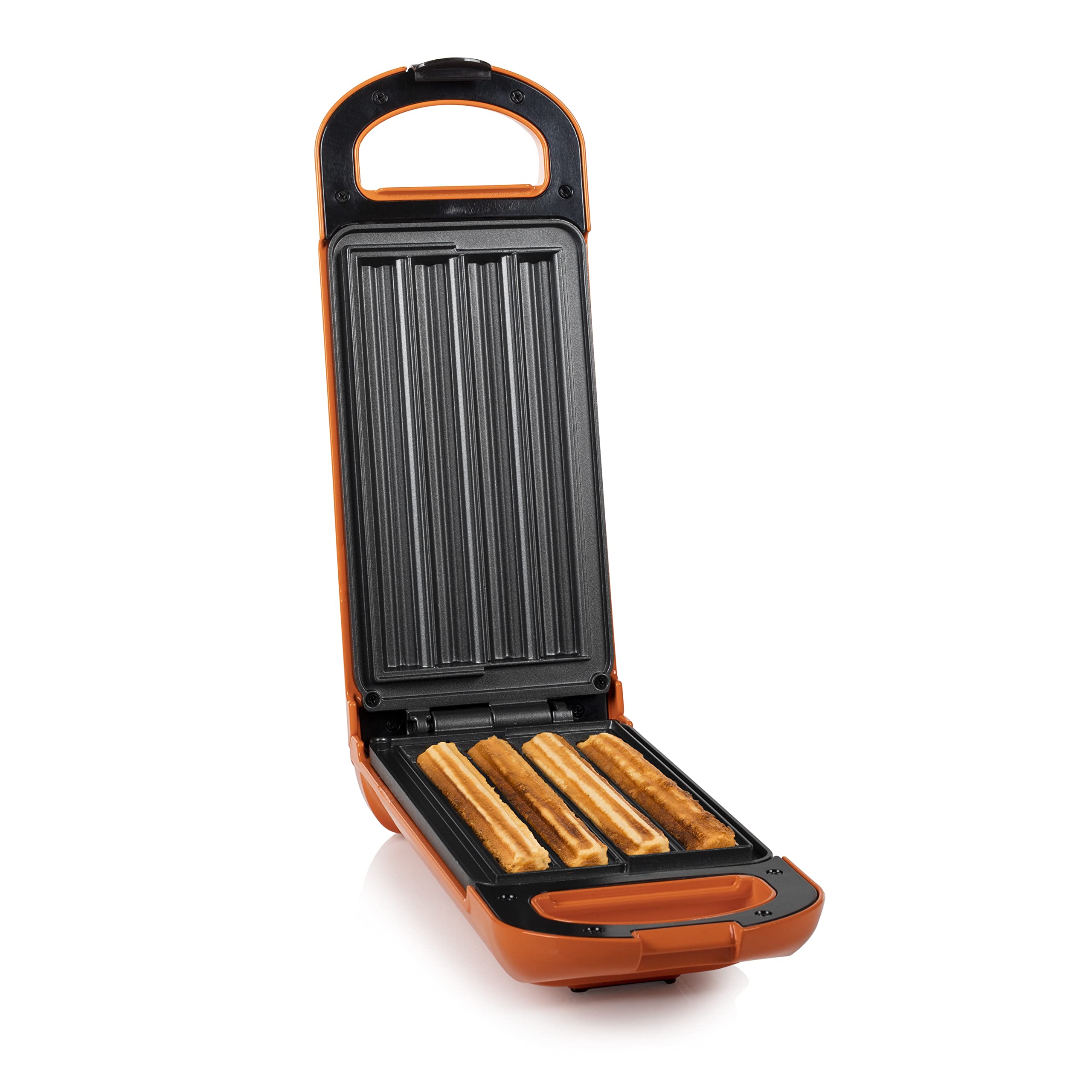 Princess Churros Maker - 4 knusprige Churros in 5 Minuten, 180° Drehbar, automatische Temperaturkontrolle, 200 °C, 22 x 12 cm Backfläche, 700 Watt, orange, 132405