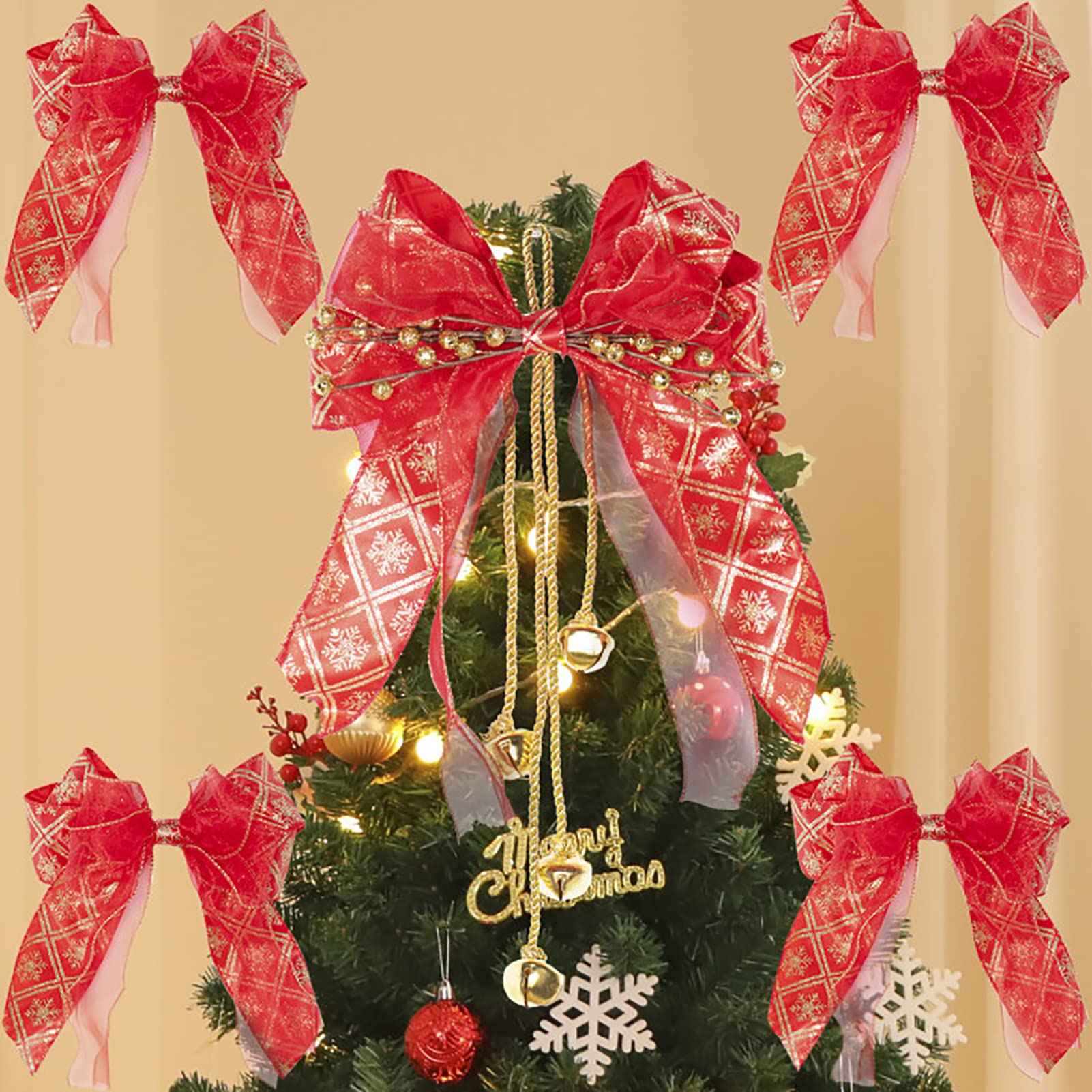 Photo 1 of Christmas Tree Topper with Jingle Bells, Ribbon Bow Topper for Tree ,Xmas Ornaments for Holiday Decor, Great Gift Christmas Decoration,10.23x 14.96 Inches, Red